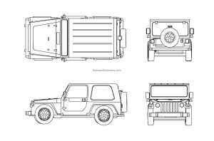 autocad drawing of a jeep wrangler off road car, plan and elevation 2d views, dwg file for free download