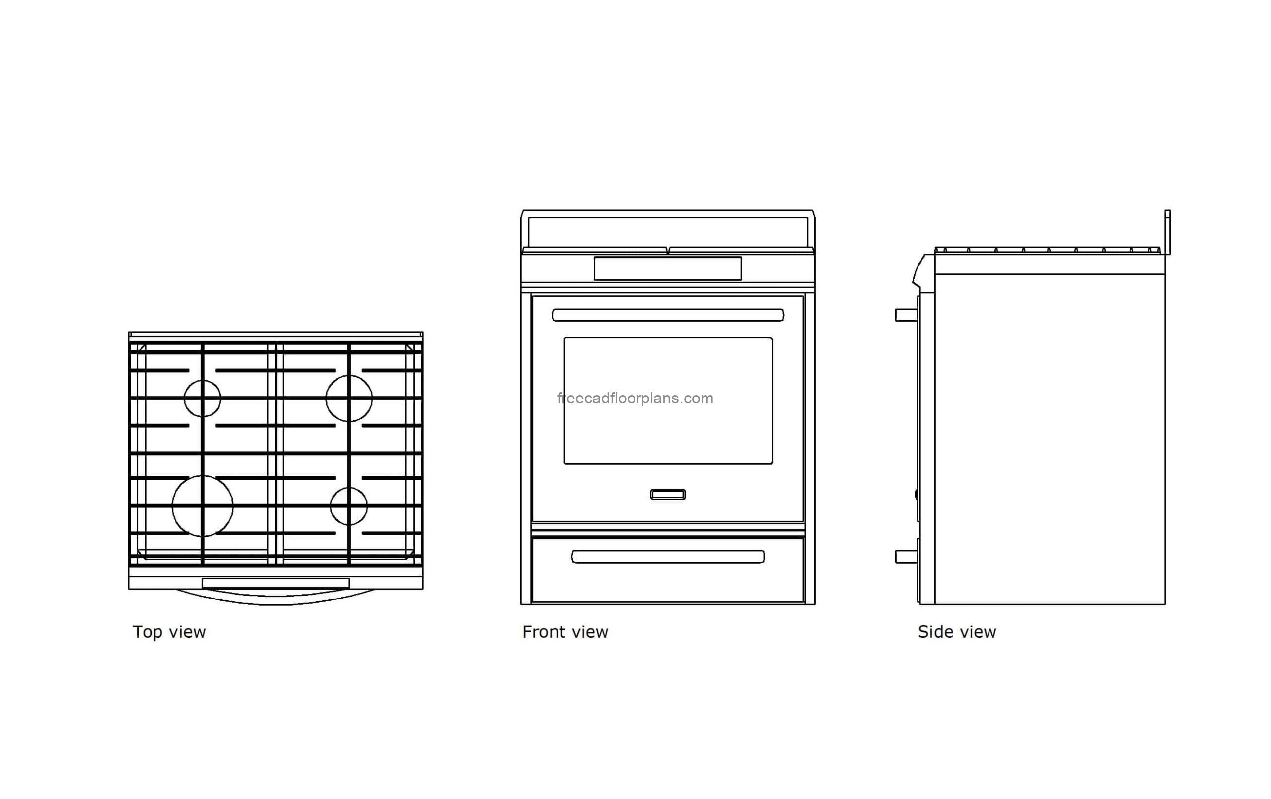 autocad drawing of a kitchen aid range, plan and elevation 2d views, dwg file free for download