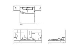 autocad drawing of a modern master bed, plan and elevation 2d views, dwg file free for download