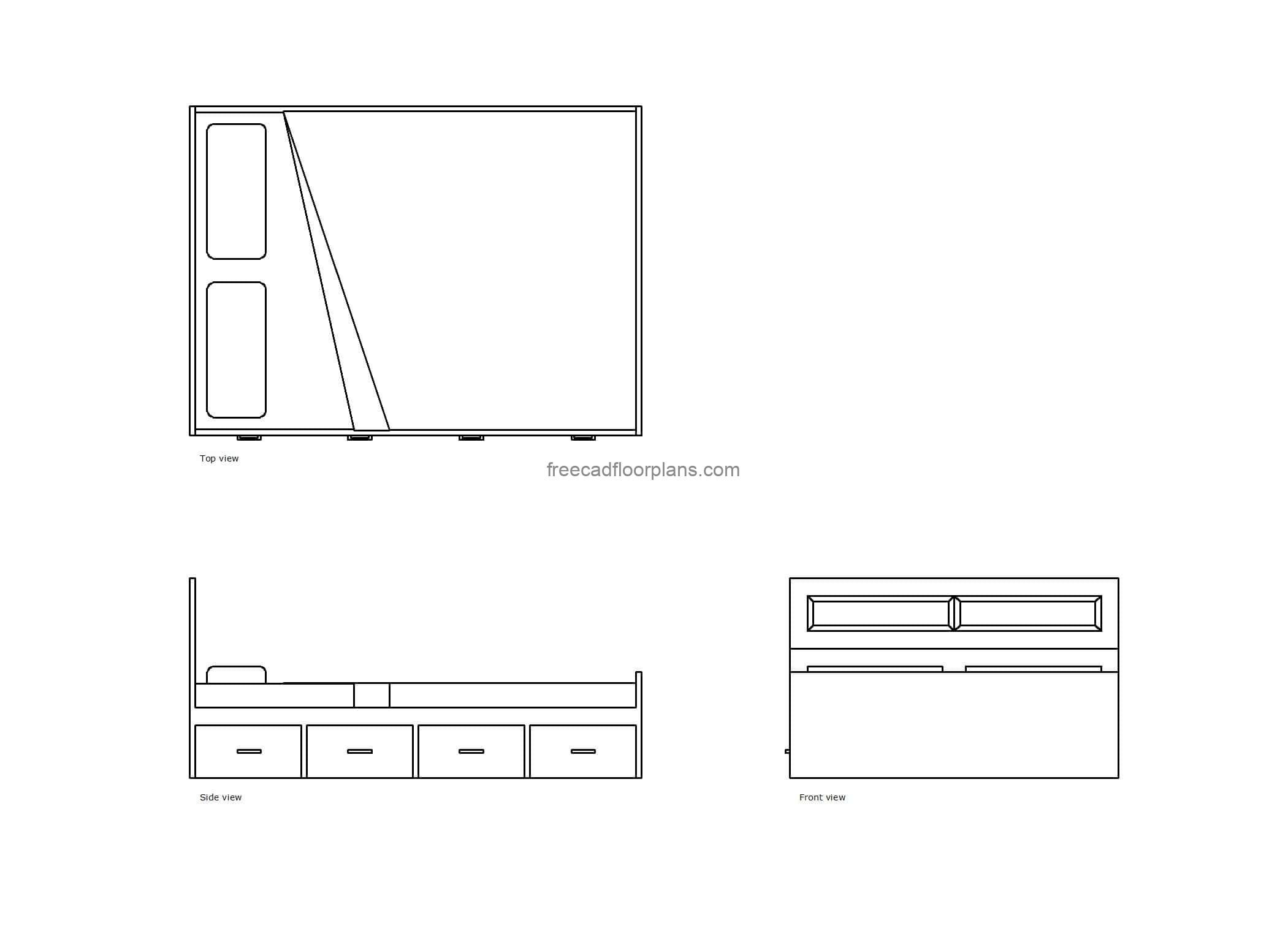autocad drawing of a modern twin bed, plan and elevation 2d views, dwg file free for download