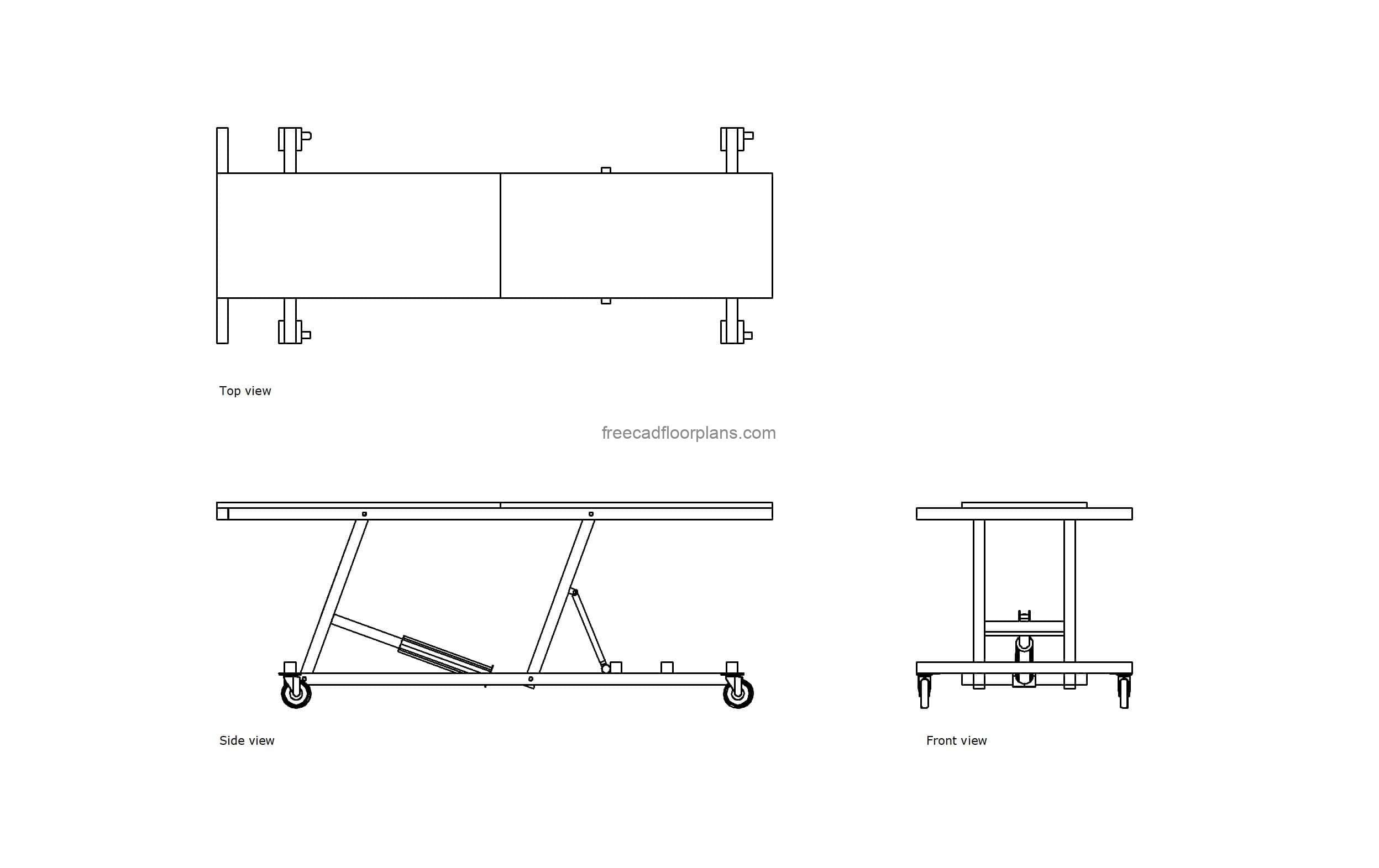 autocad drawing of a motorcycle lift table, plan and elevation 2d views, dwg file free for download