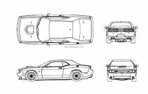 autocad drawing of a classic muscle car, plan and elevation 2d views, dwg file free for download