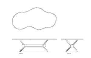 autocad drawing of an organic table, plan and elevation 2d views, dwg file free for download