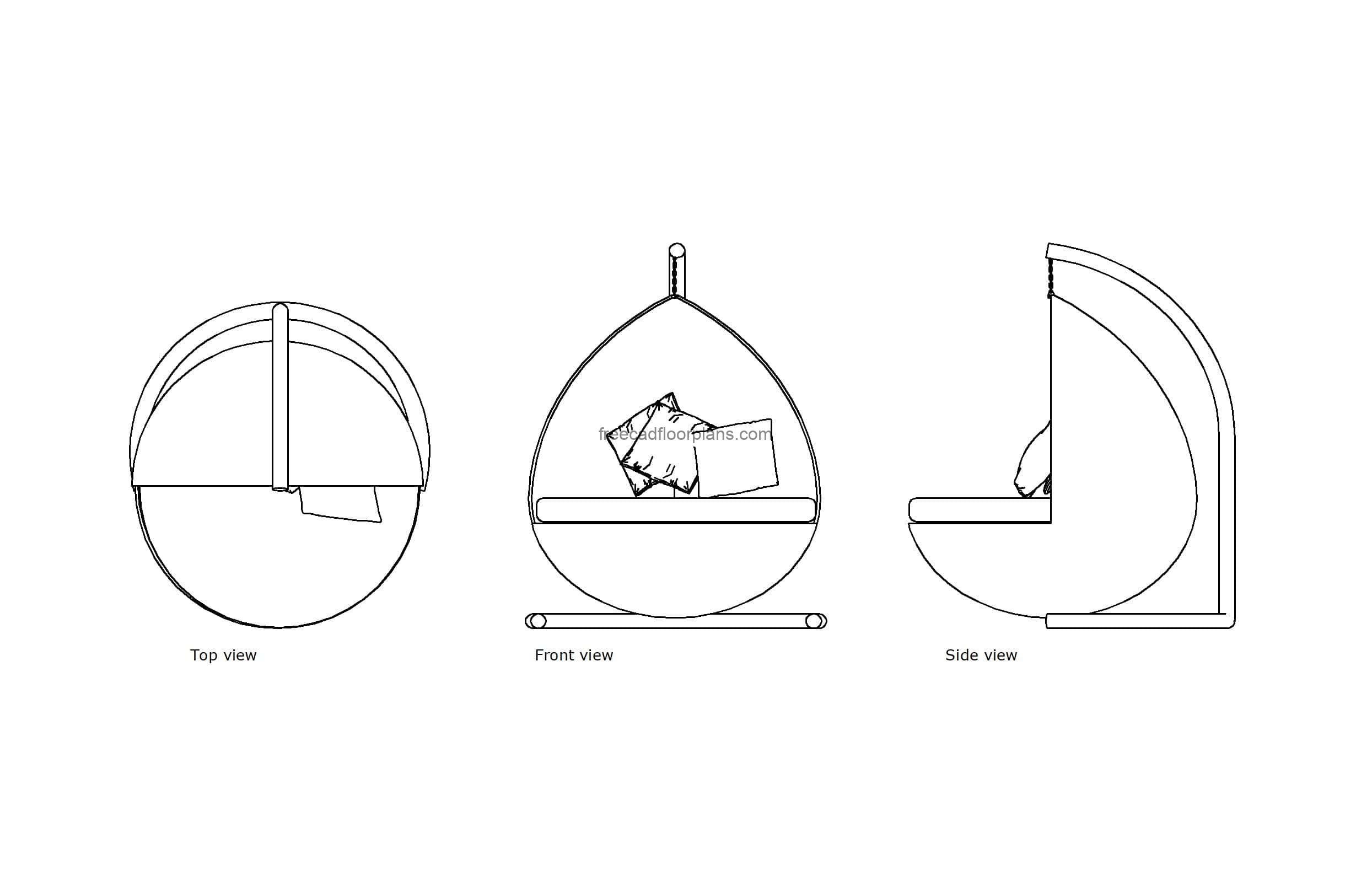 autocad drawing of an outdoor double hanging chair, plan and elevation 2d views, dwg file free for download