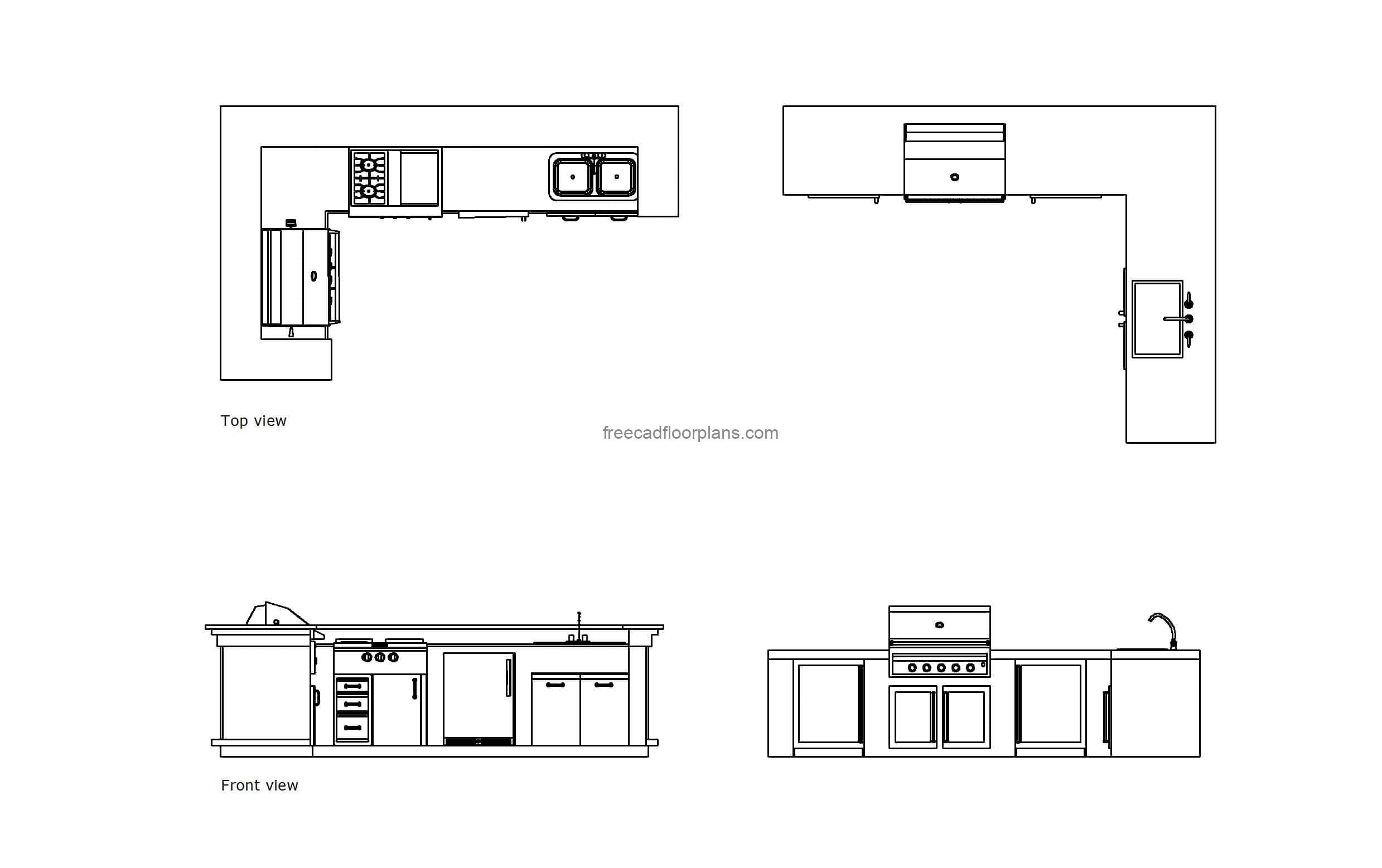 autocad drawing of different outdoor kitchens, plan and elevation 2d views, dwg file free for download