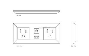 autocad drawing of an outlet and usb power socket, plan and elevation 2d views, dwg file free for download