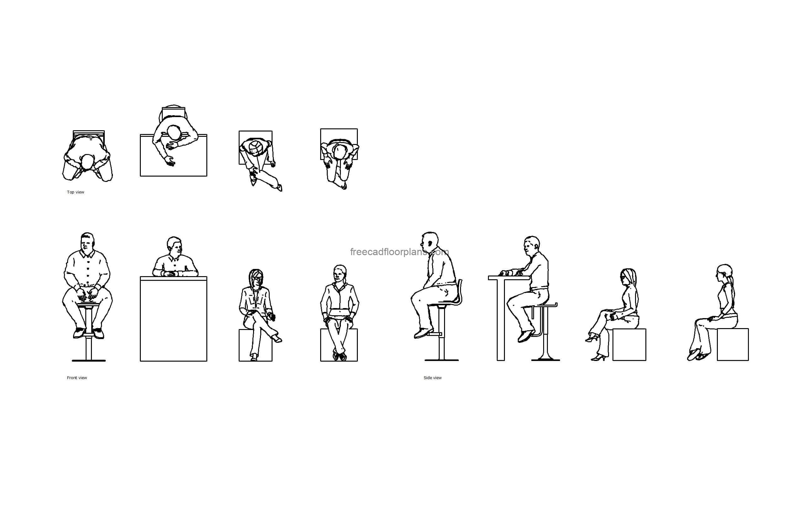 autocad drawing of different people sitting, plan and elevation 2d views, dwg file free for download