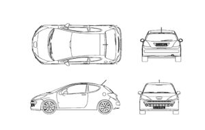 autocad drawing of a peugeot 207 car, plan and elevation 2d views, dwg file free for download