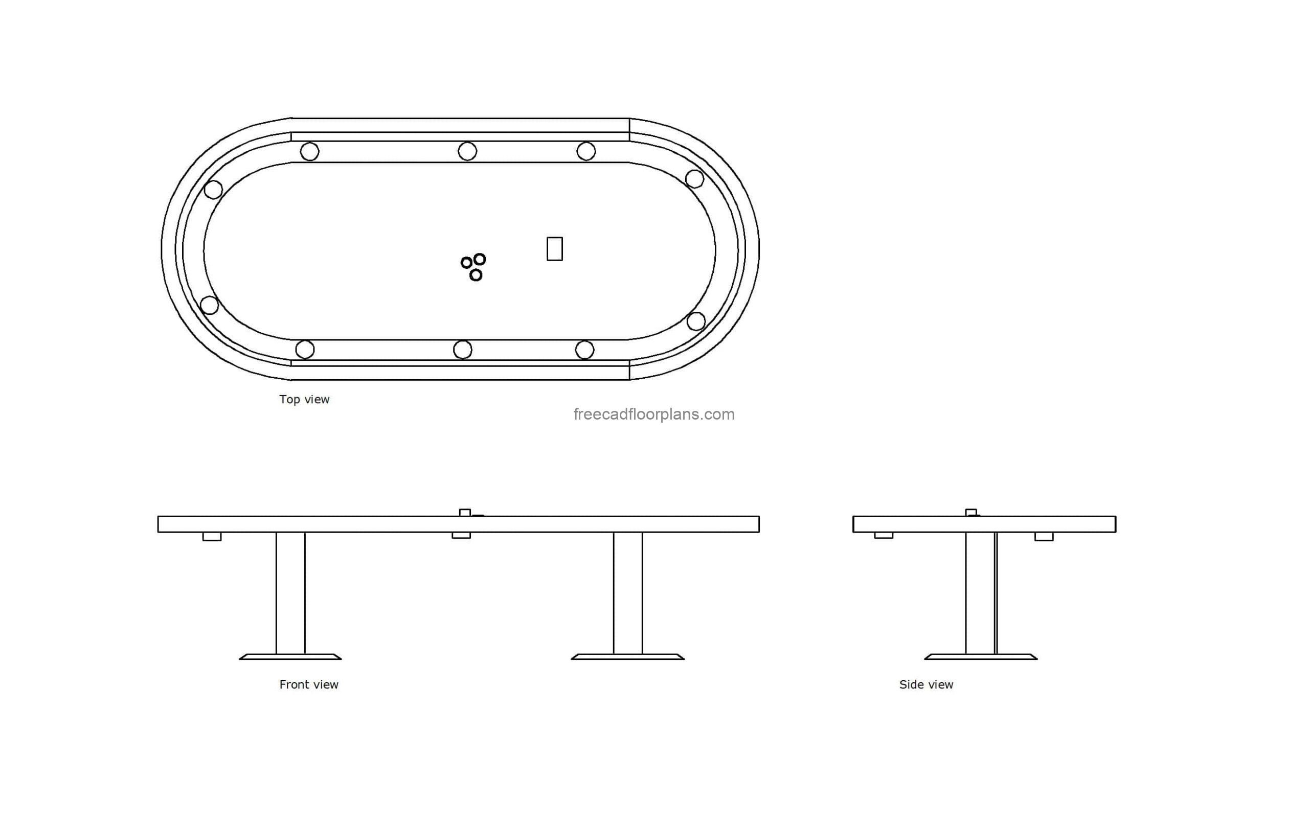 autocad drawing of a casino poker table, plan and elevation 2d views dwg file free for download
