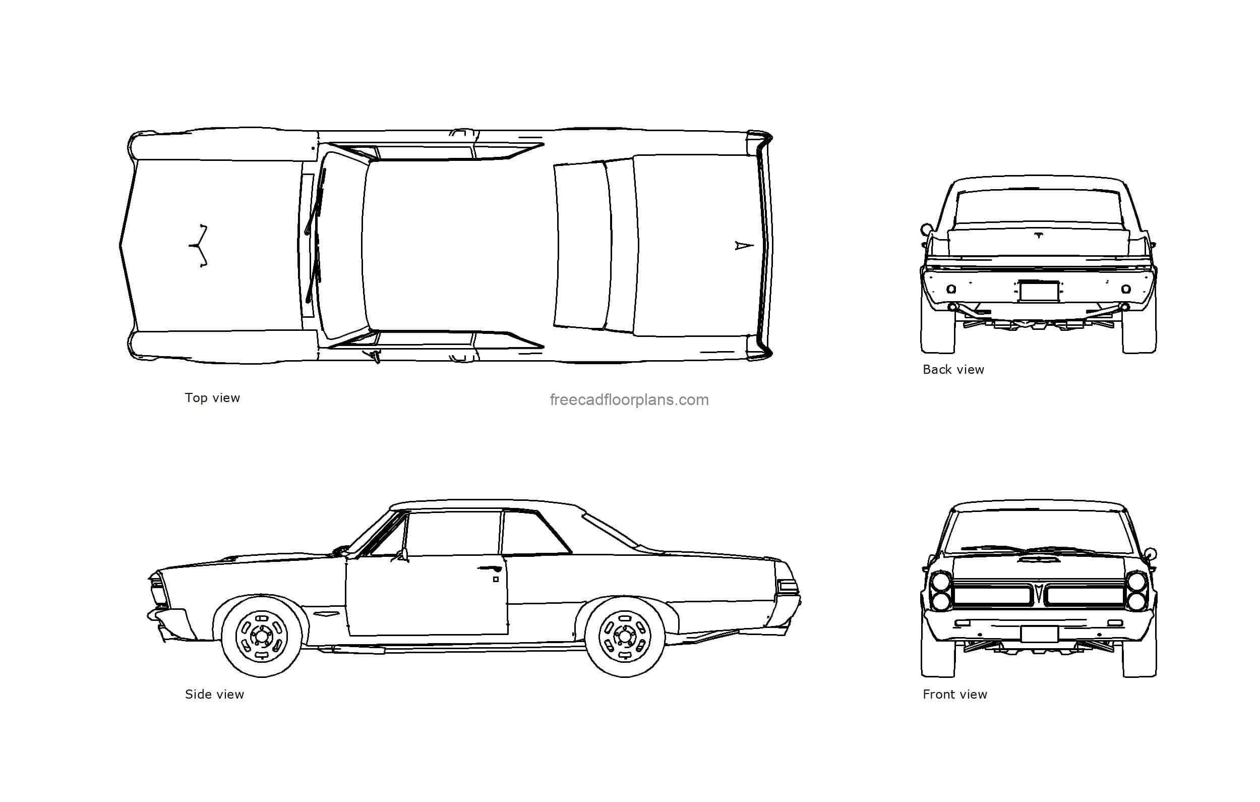 autocad drawing of a pontiac gto car, plan and elevation 2d views, dwg file free for download