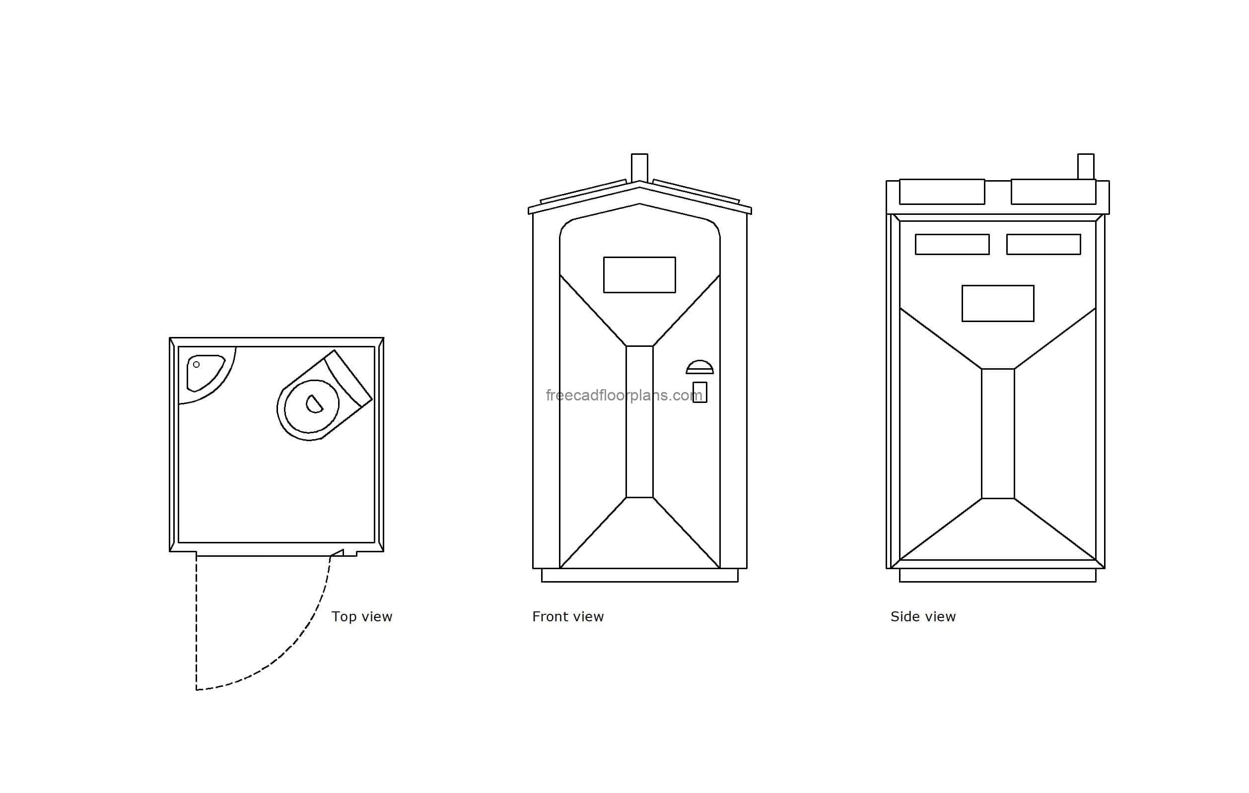 autocad drawing a portable toilet, plan and elevation 2d views, dwg file free for download