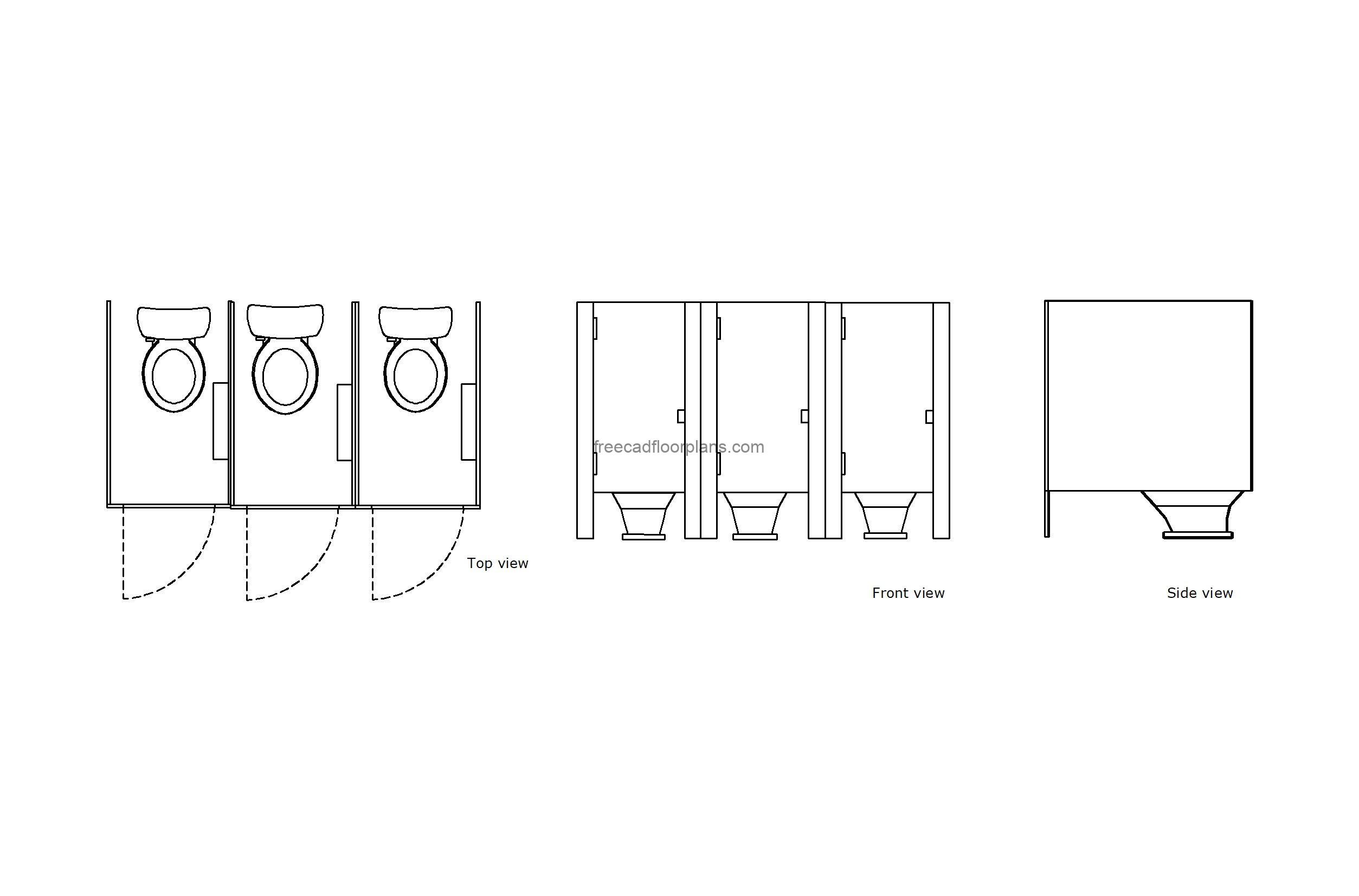 autocad drawing of a public toilet stall, plan and elevation 2d views, dwg file free for download
