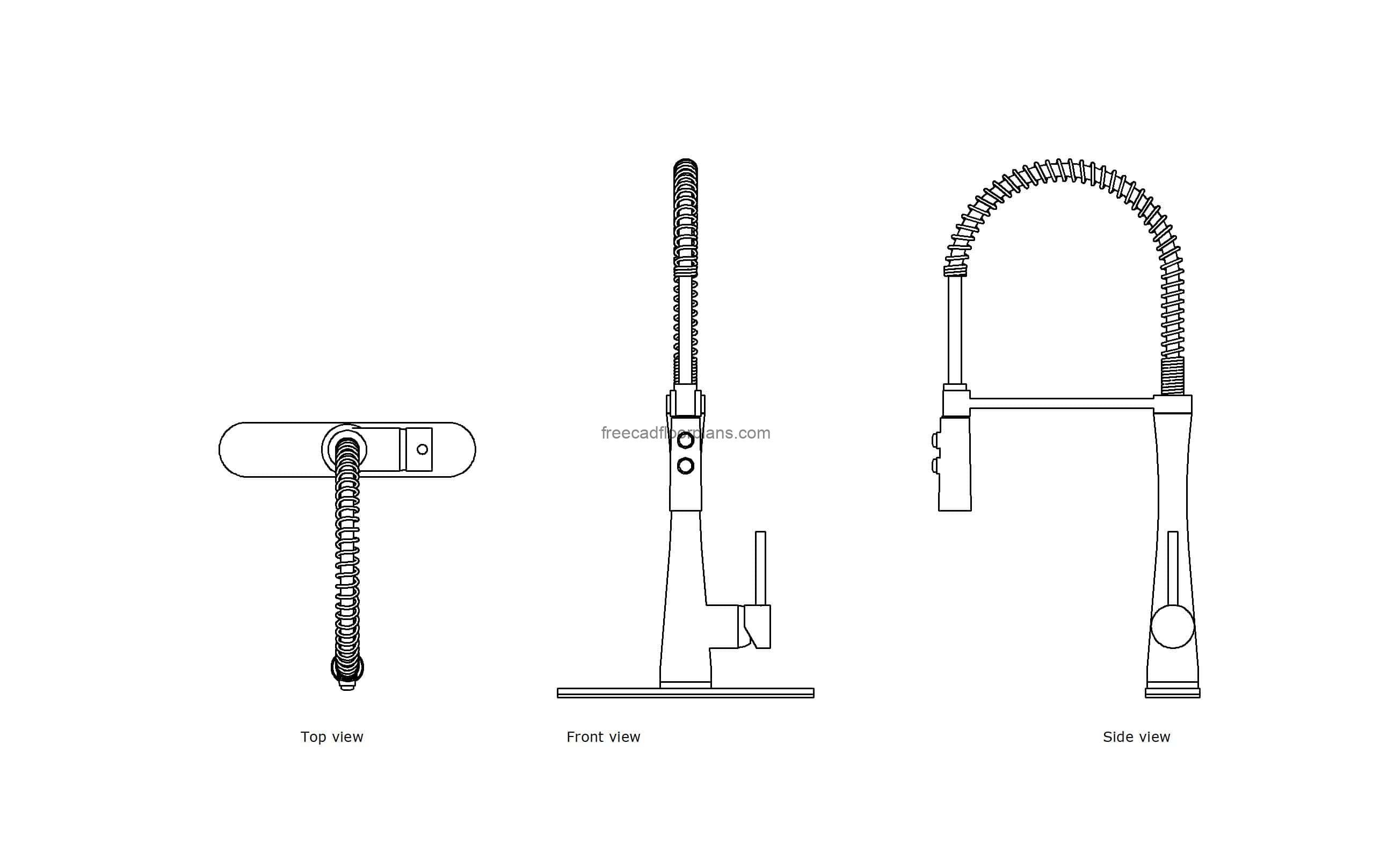 autocad drawing of a pull down kitchen faucet, plan and elevation 2d views, dwg file free for download