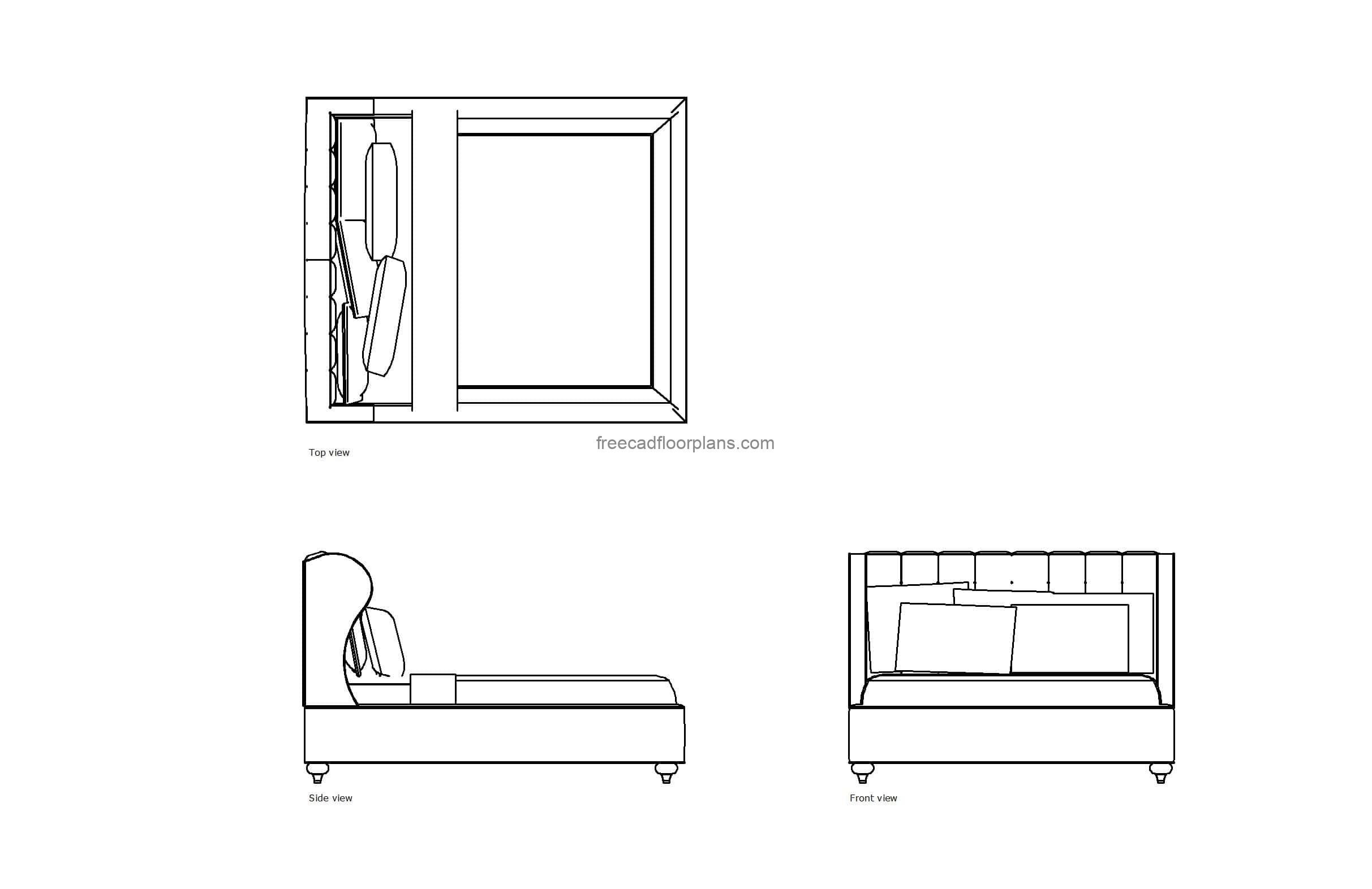 autocad drawing of an queen upholstered bed, plan and elevation 2d views, dwg file free for download