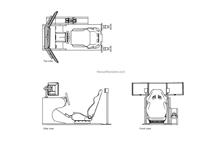 autocad drawing of a racing simulator gaming machine, plan and elevation 2d views, dwg file free for download