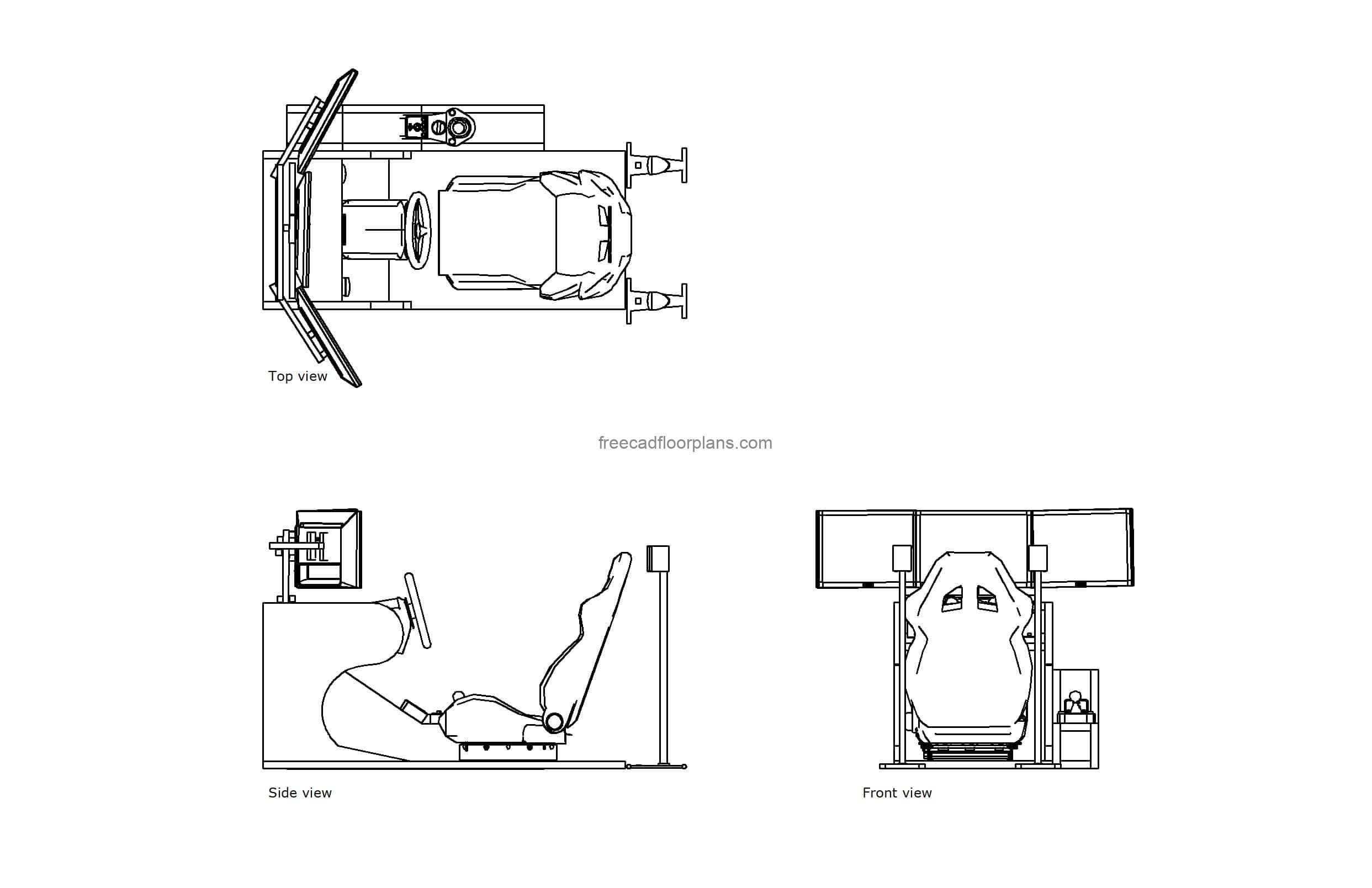autocad drawing of a racing simulator gaming machine, plan and elevation 2d views, dwg file free for download
