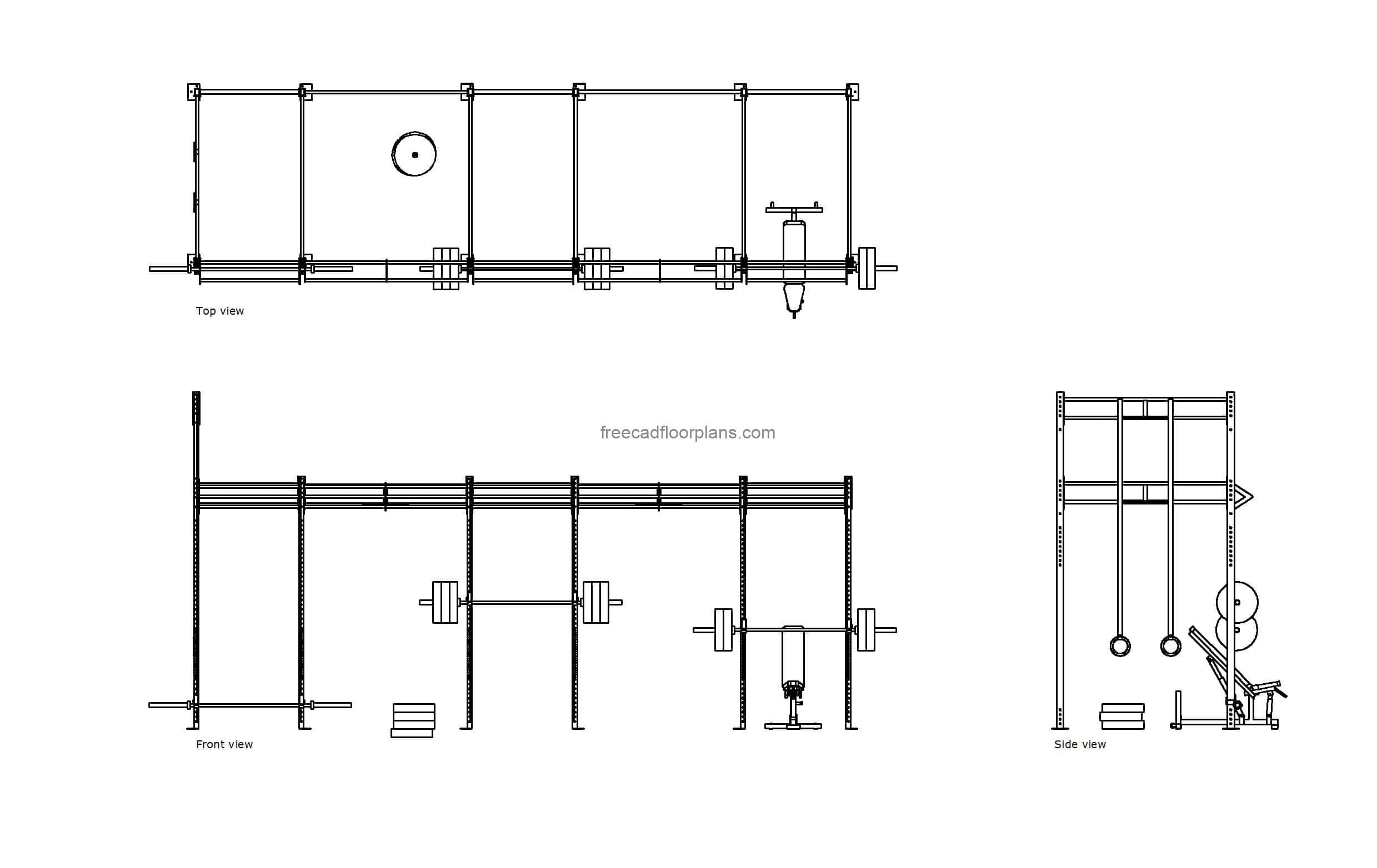 autocad drawing ofa rogue crossfit gym and equipment, plan and elevation 2d views, dwg file free for download