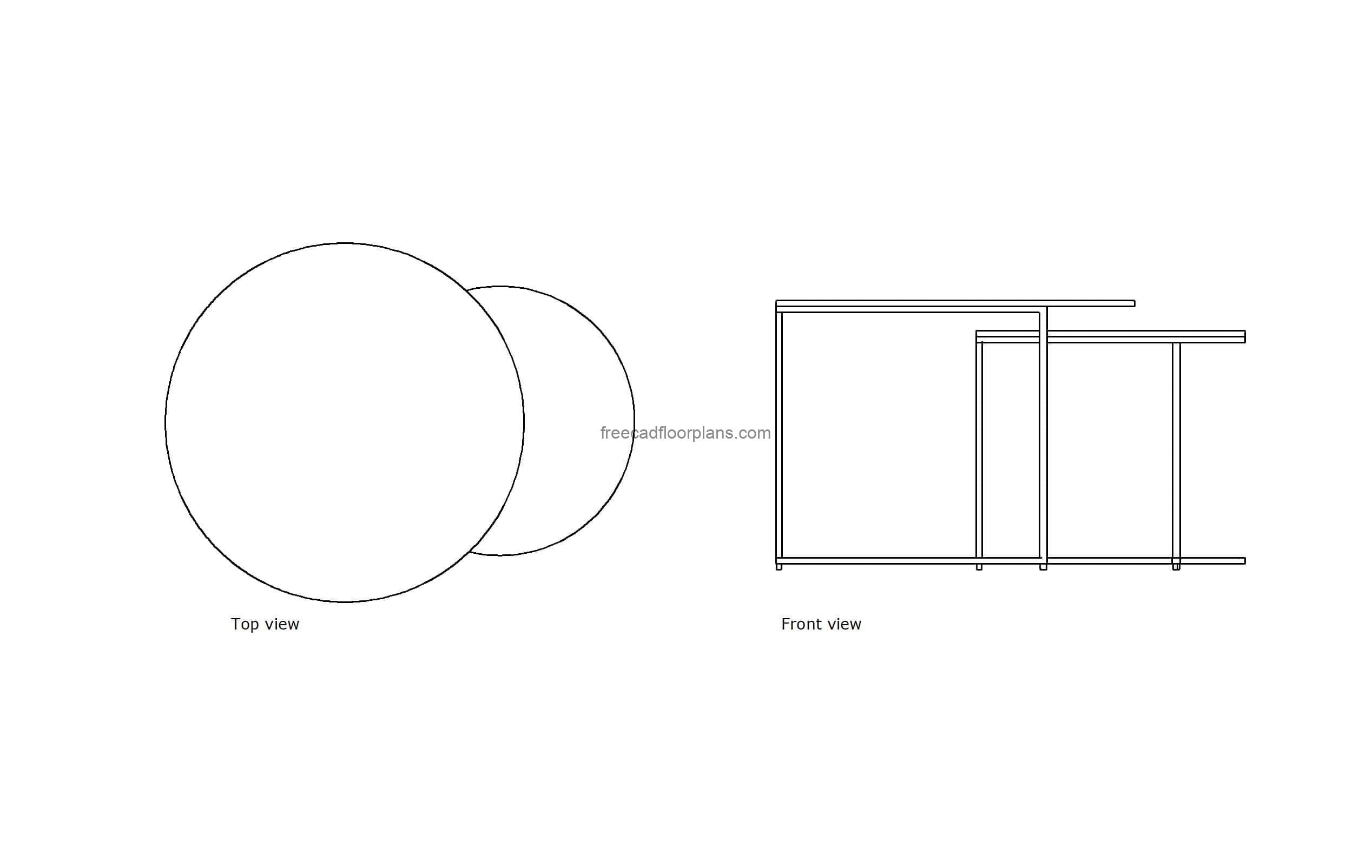 autocad drawing of a round coffee table, plan and elevation 2d views, dwg file free for download