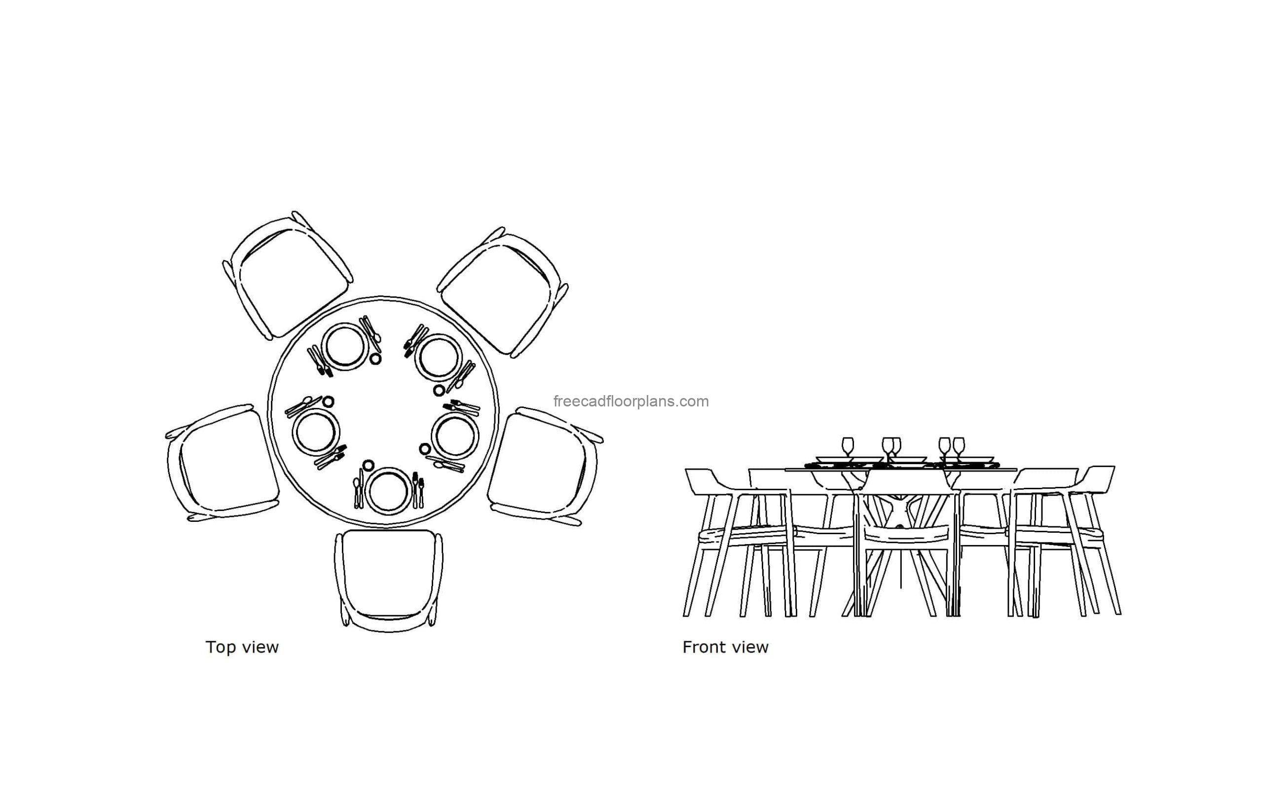 autocad drawing of a round table with 5 seats, plan and elevation 2d views, dwg file free for download