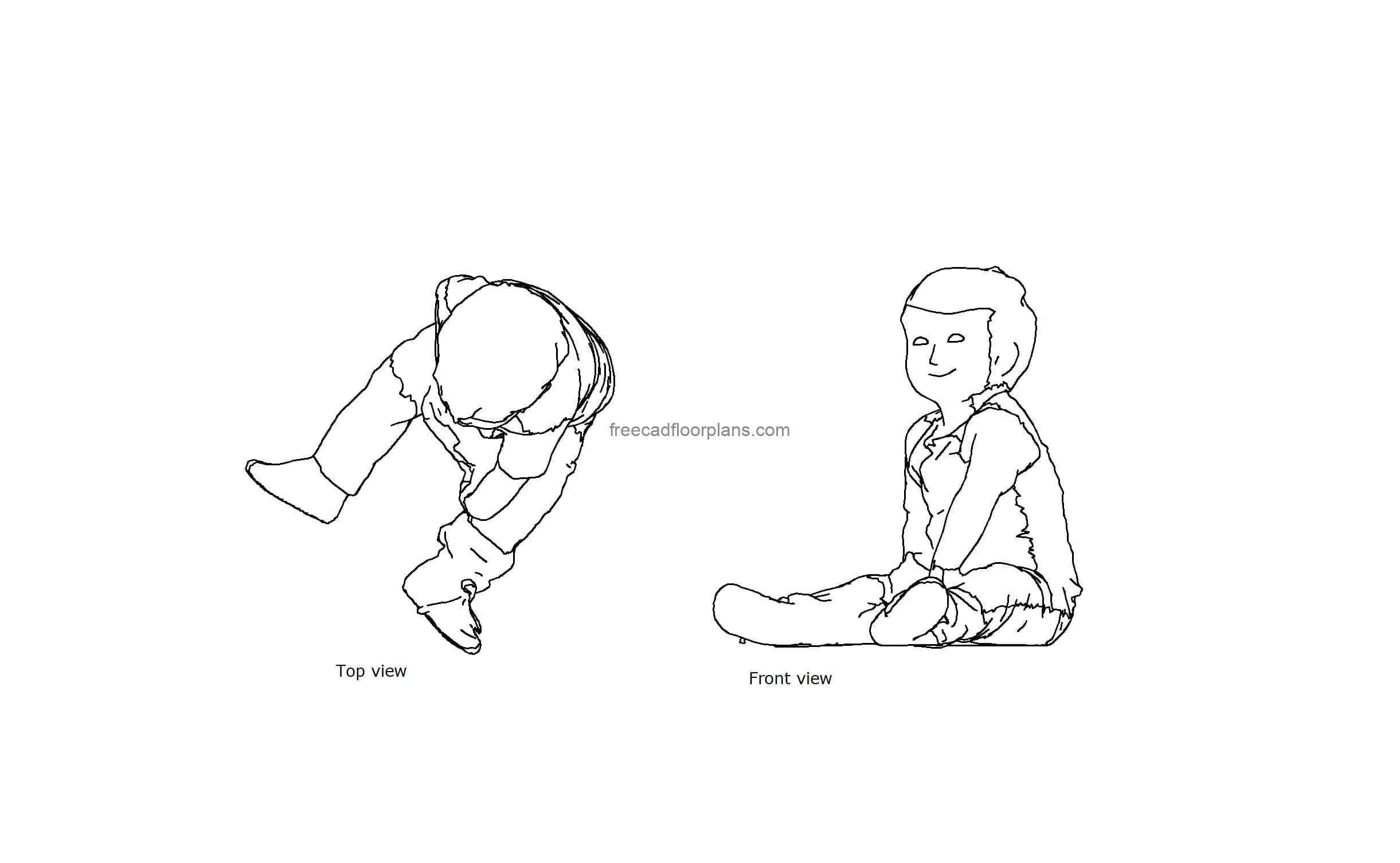 autocad drawing of a seated children, 2d plan and elevation views, dwg file free for download