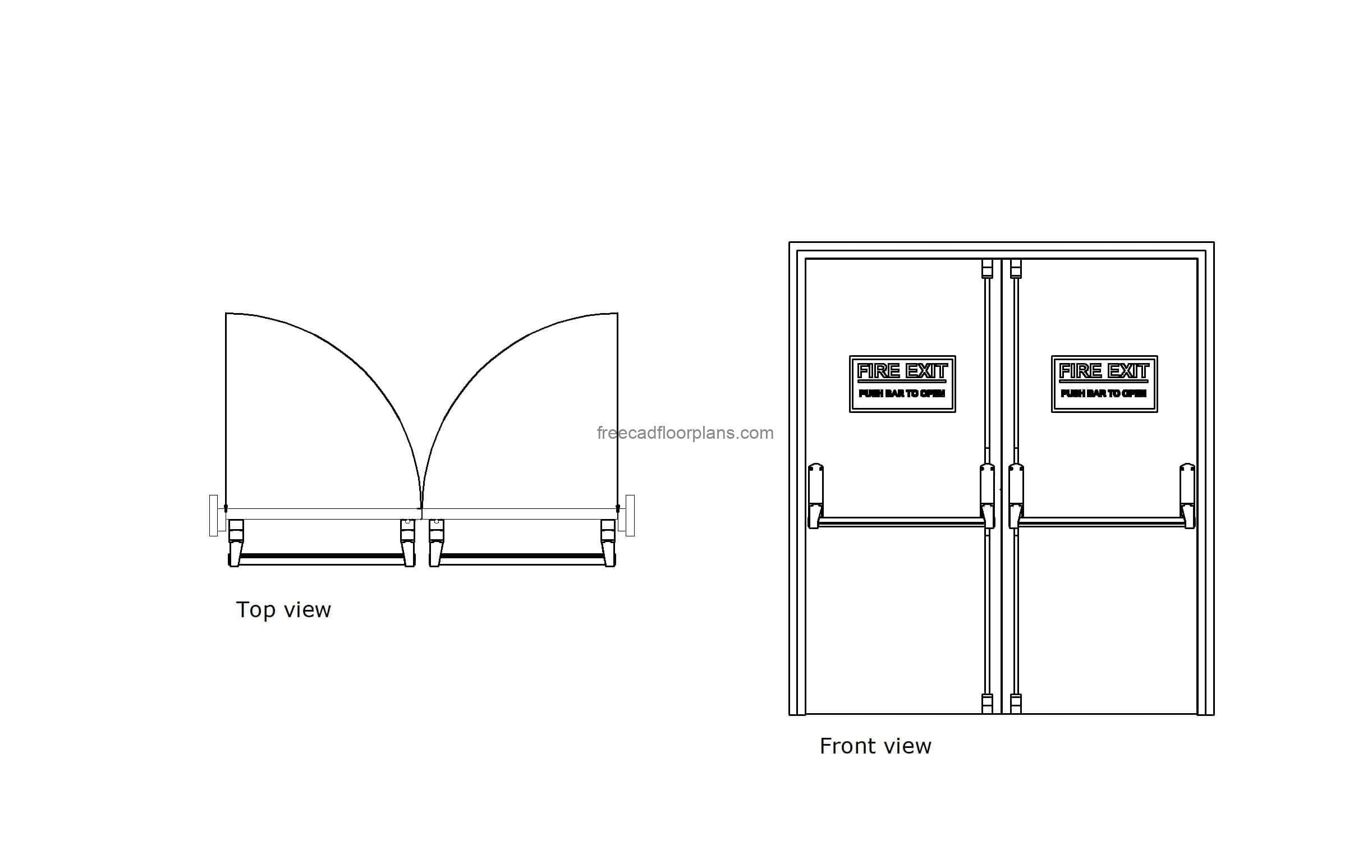 autocad drawing of steel exit fire doors, plan and elevation 2d views, dwg file free for download