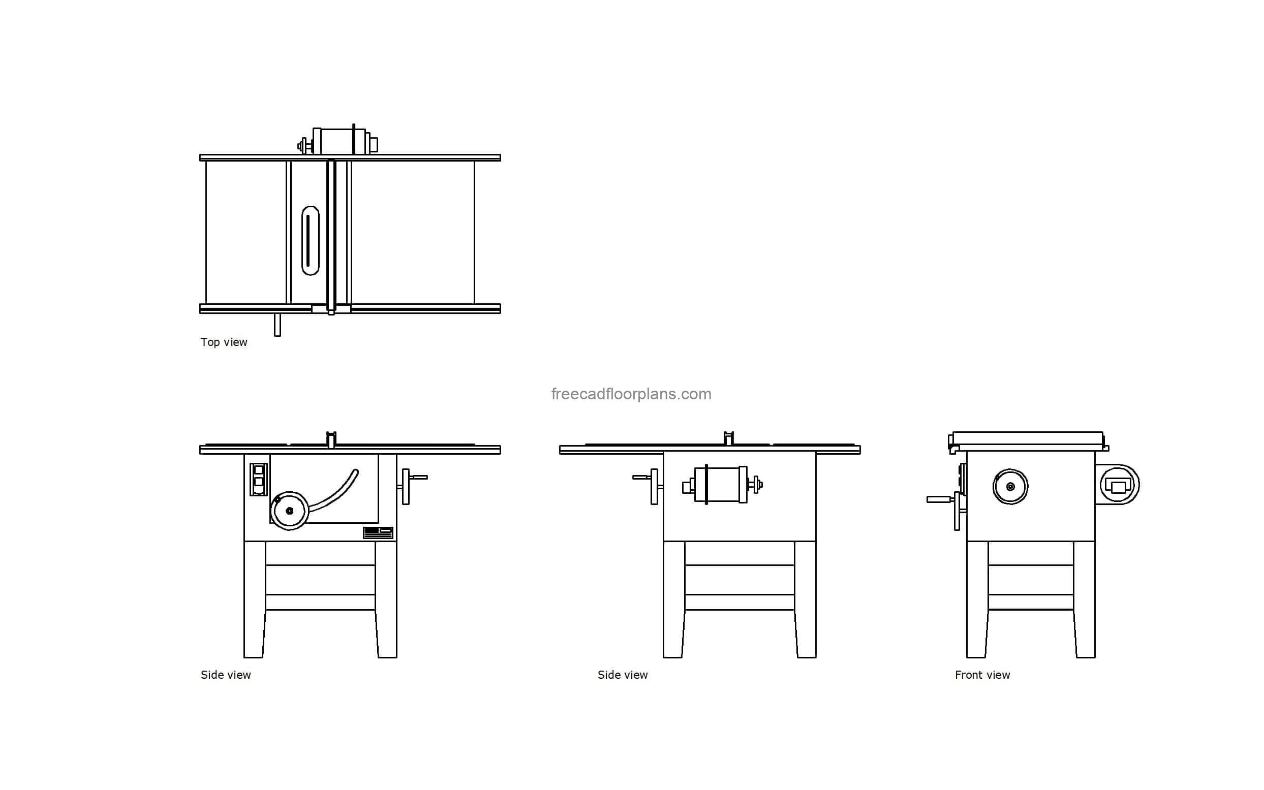autocad drawing of a table saw, plan and elevation 2d views, dwg file free for download