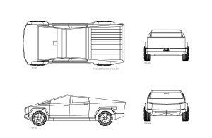autocad drawing of a tesla cybertruck, 2d plan and elevation views, dwg file free for download