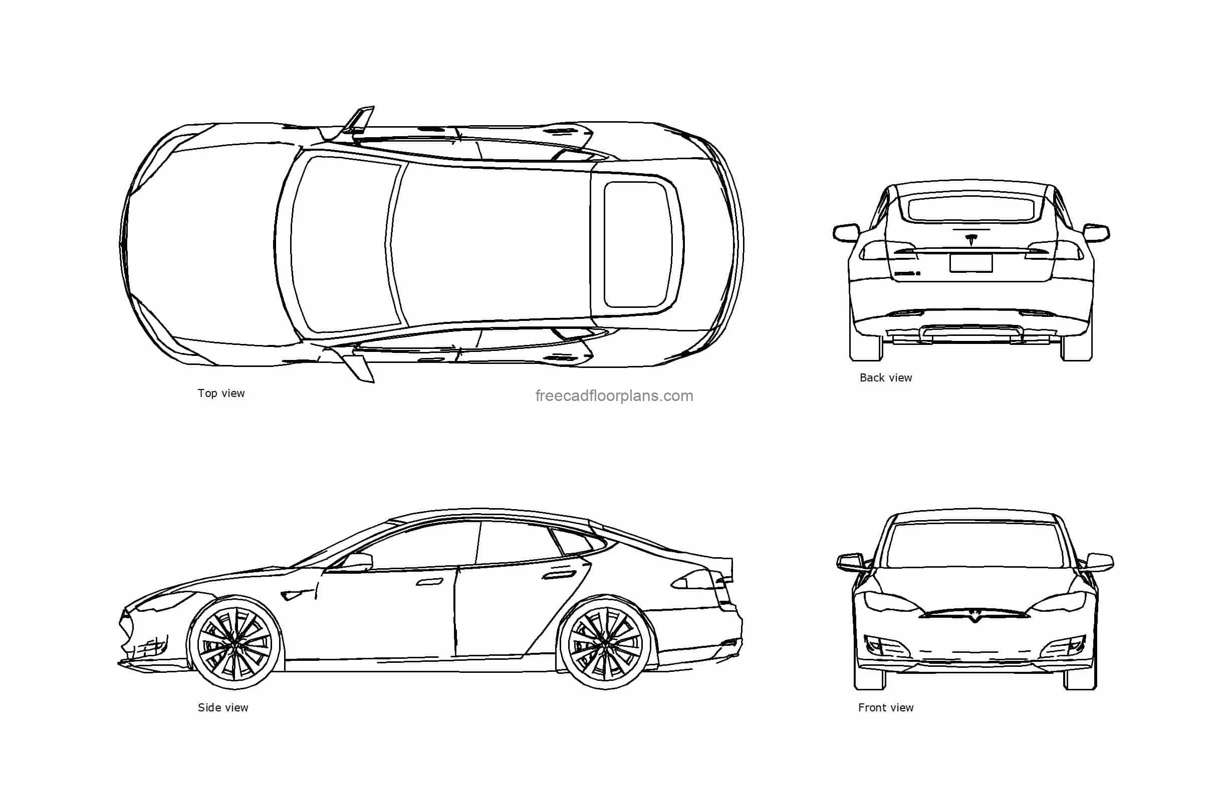 autocad drawing of a tesla model s, plan and elevation 2d views, dwg file free for download