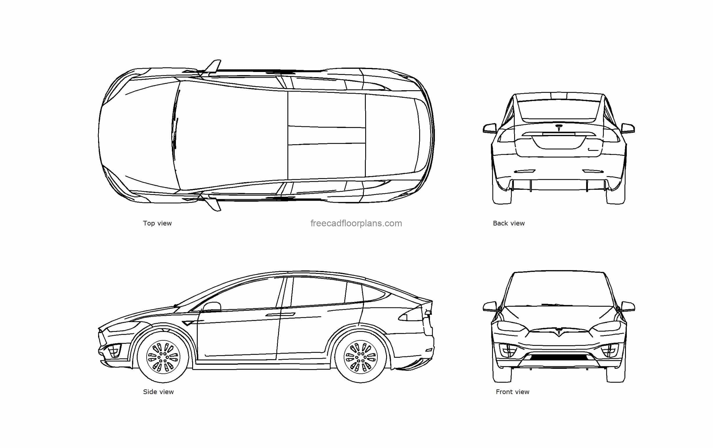 autocad drawing of a tesla model x car, 2d views dwg file for free download