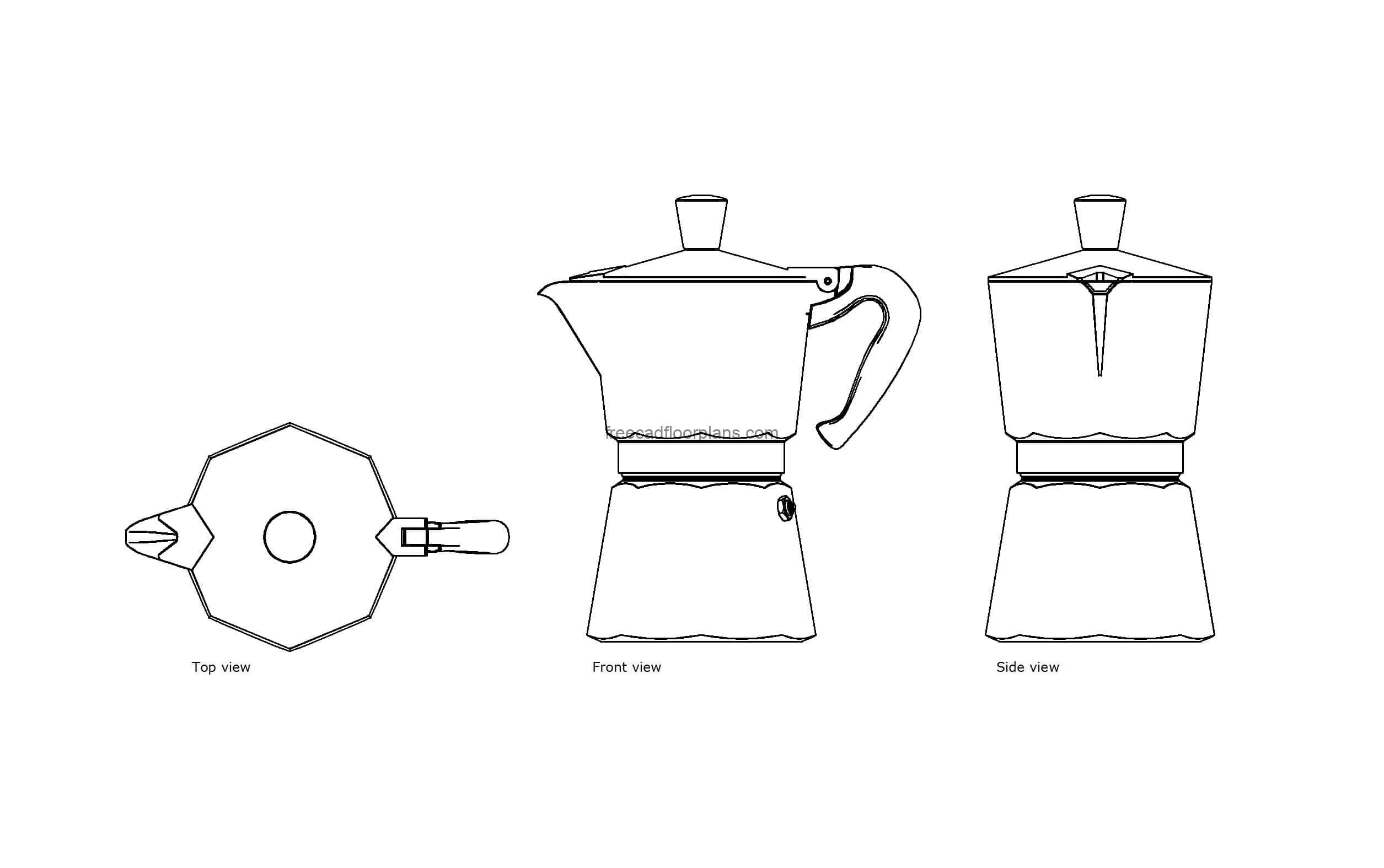 autocad drawing of a traditional coffee maker, plan and elevation 2d views, dwg file free for download