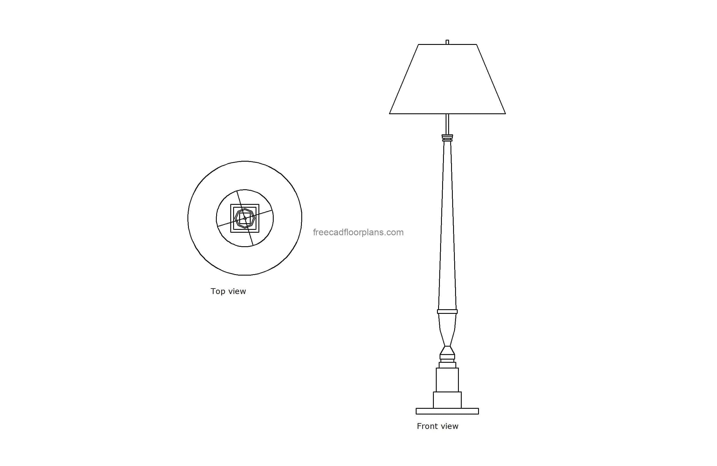 autocad drawing of a traditional floor lamp, plan and elevation 2d views, dwg file free for download