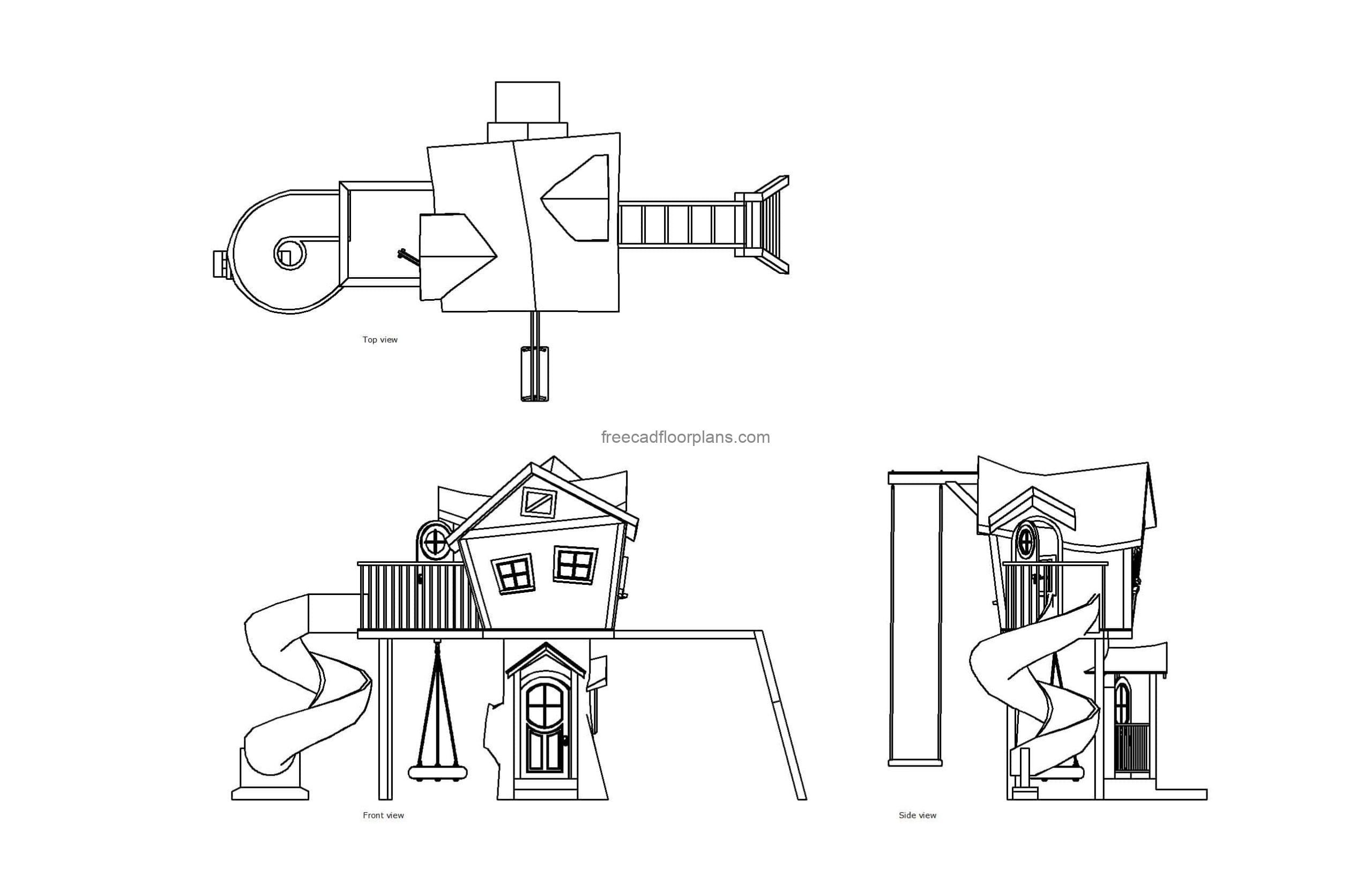 autocad drawing of a tree house for playgrounds, plan and elevation 2d views, dwg file free for download