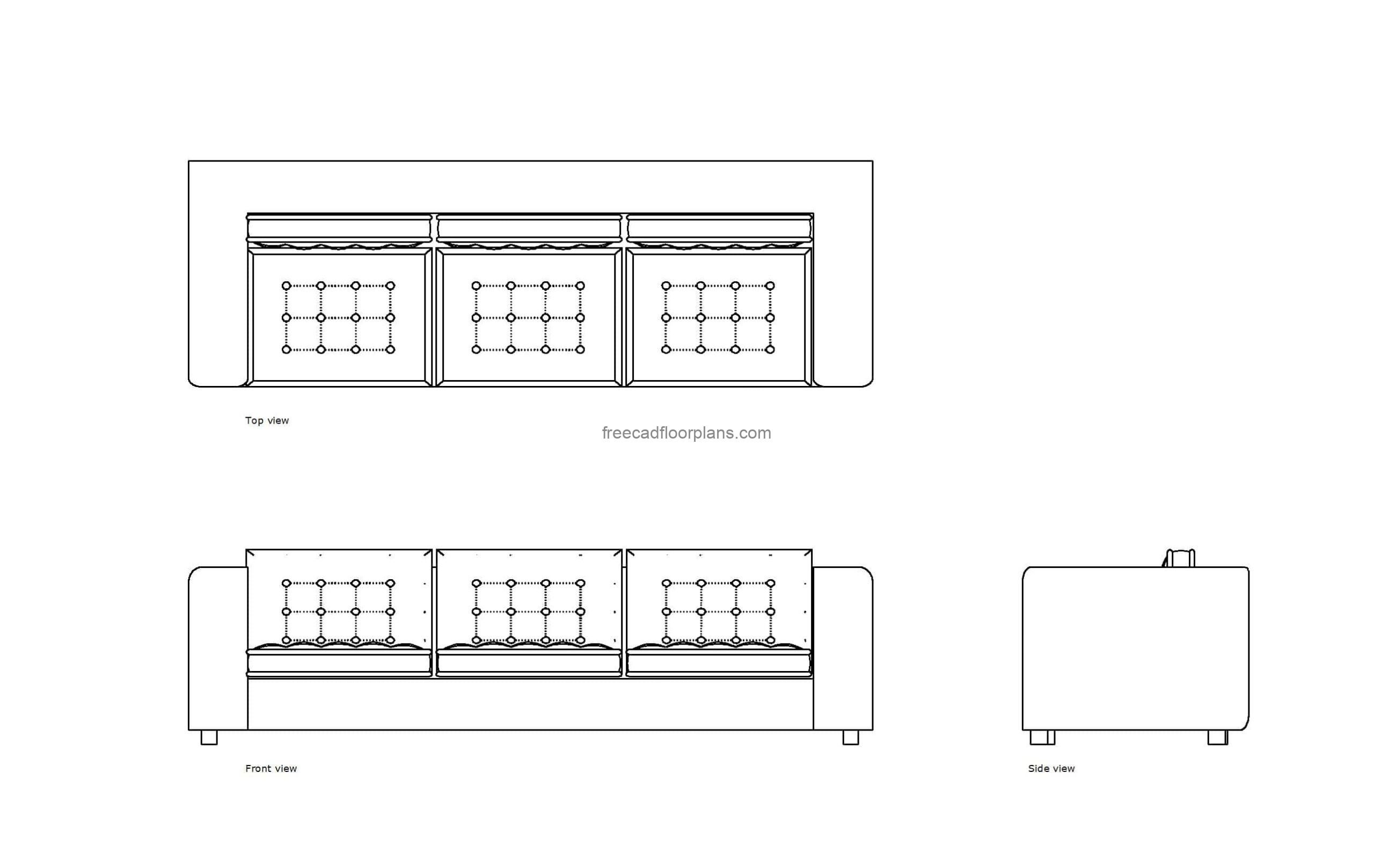 autocad drawing of a tufted sofa, plan and elevation 2d views, dwg file free for download