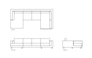 autocad drawing of a u-shaped sectional sofa, plan and elevation 2d views, dwg file free for download