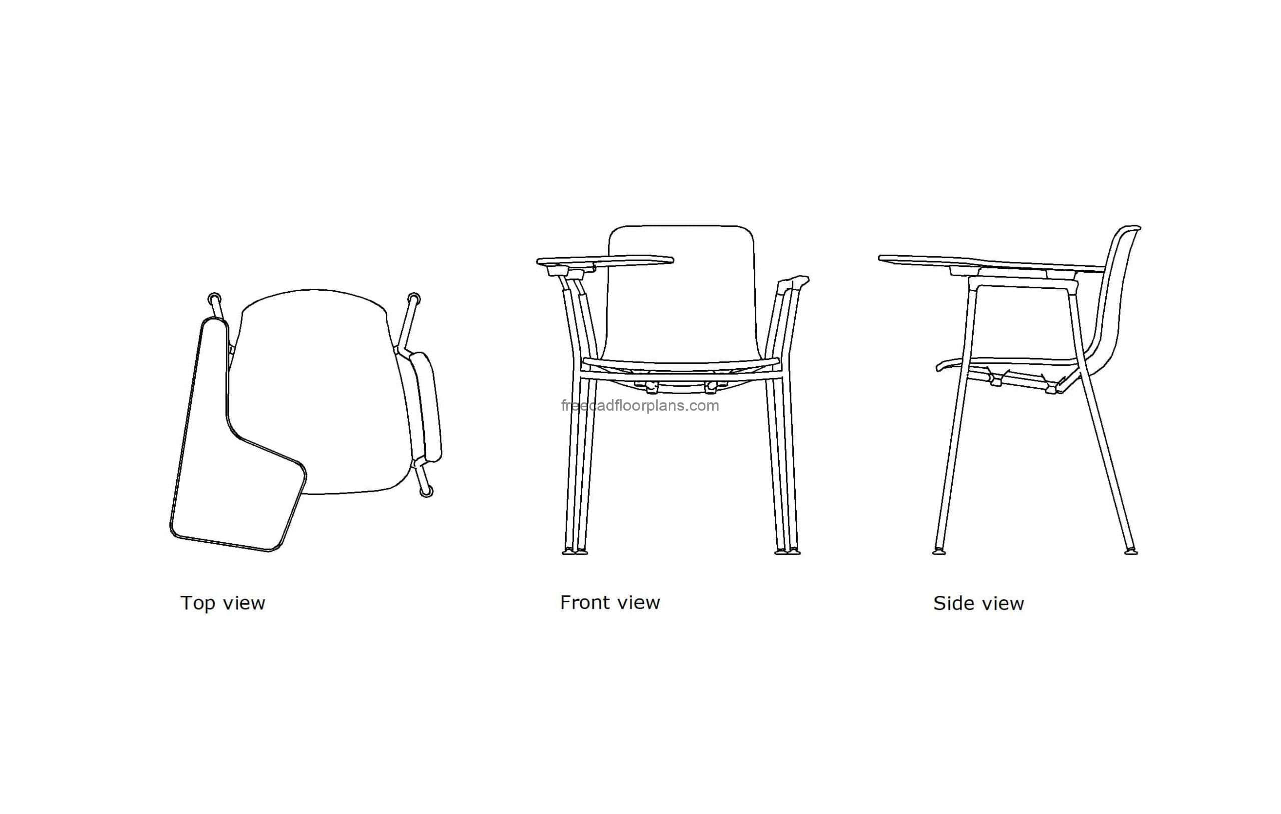 autocad drawing of a university class chair, plan and elevation 2d views, dwg file for free download