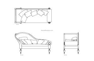 autocad drawing of a victorian style sofa, plan and elevation 2d views, dwg file free for download