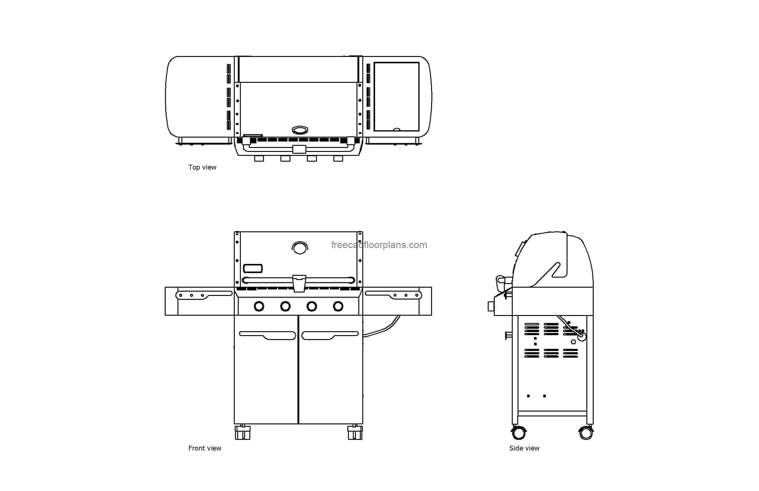 autocad drawing of a weber summit gas grill, plan and elevatoin 2d views, dwg file free for download