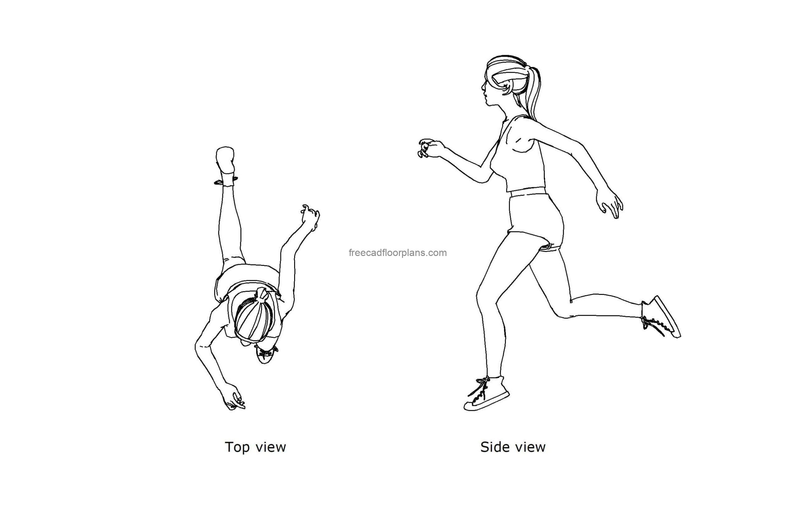 autocad drawing of a woman joggin, plan and elevation 2d views, dwg file free for download