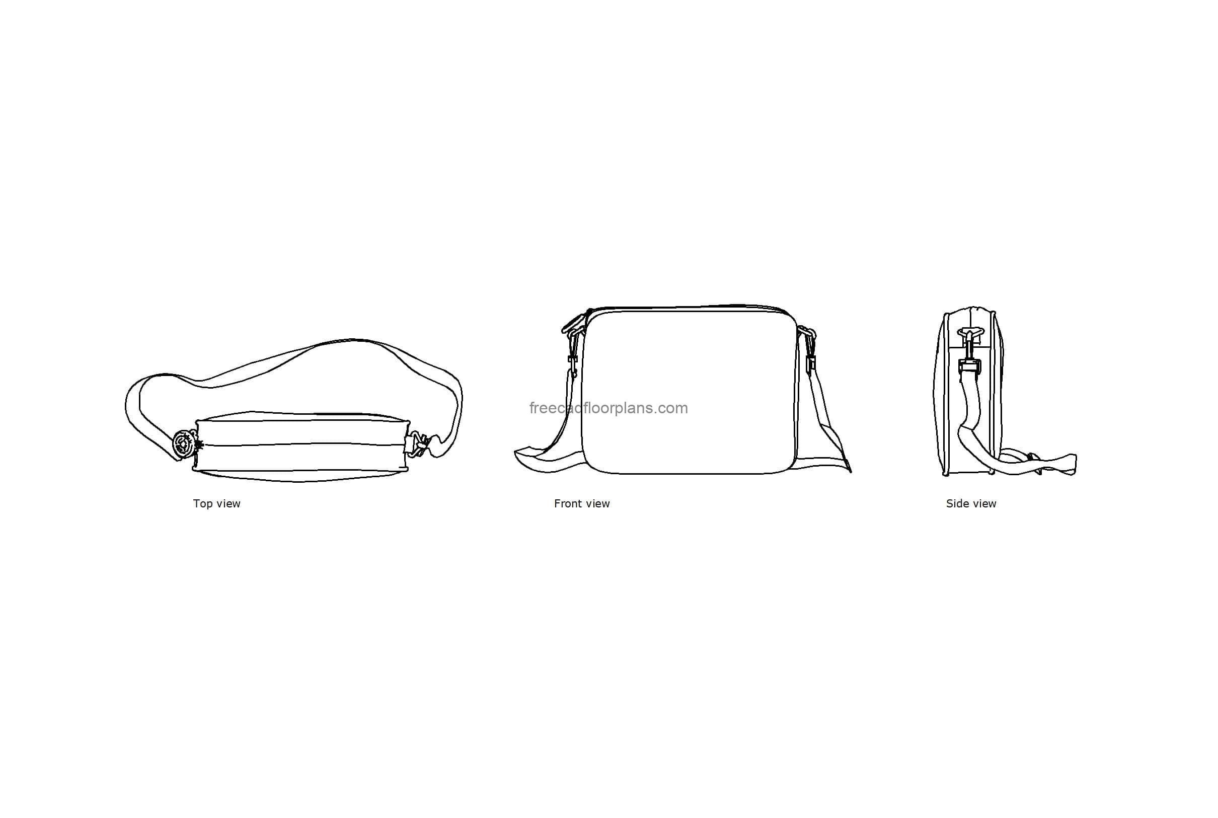 autocad drawing of a womens bag, plan and elevation 2d views, dwg file free for download