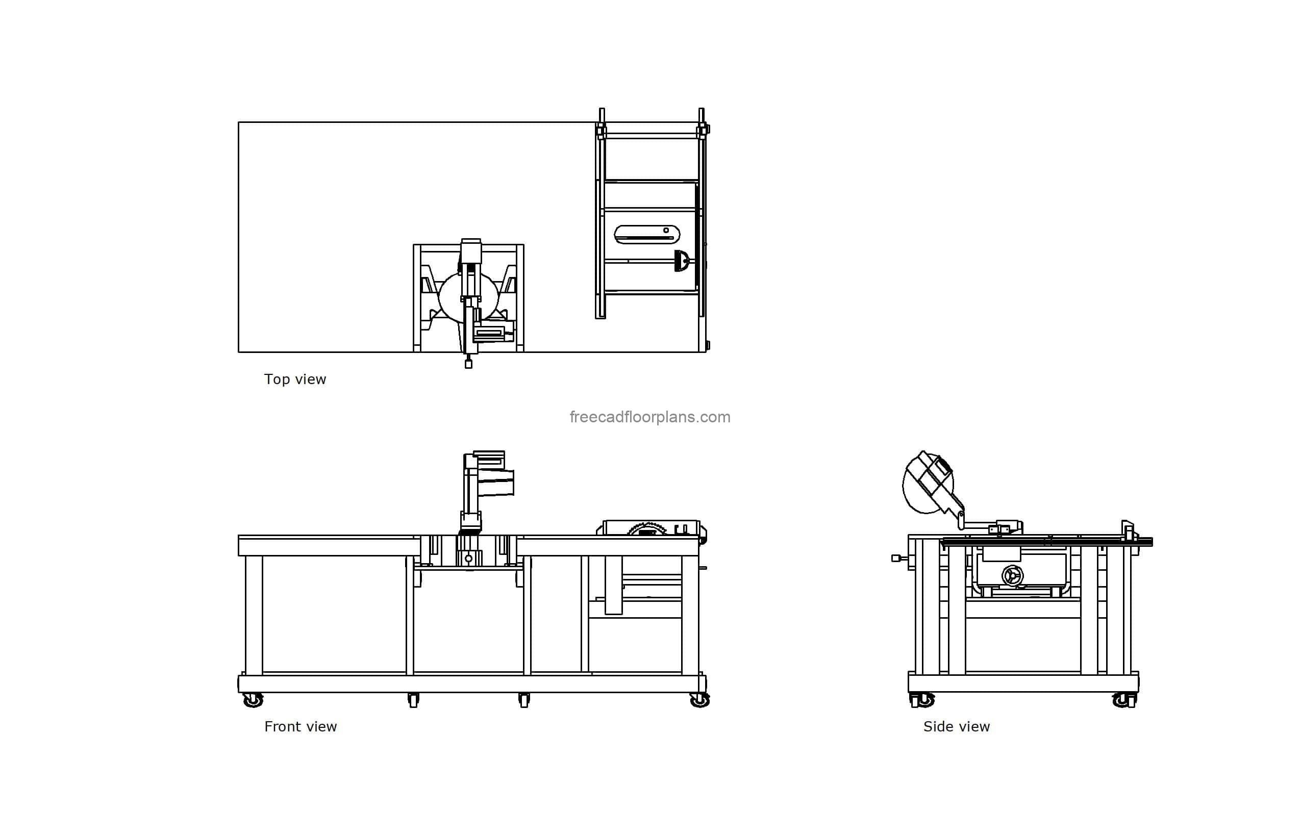 autocad drawing of a workbench with table saw, plan and elevation 2d views, dwg file free for download