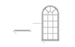 autocad drawing of an arch top window, plan and elevation 2d views, dwg file free for download