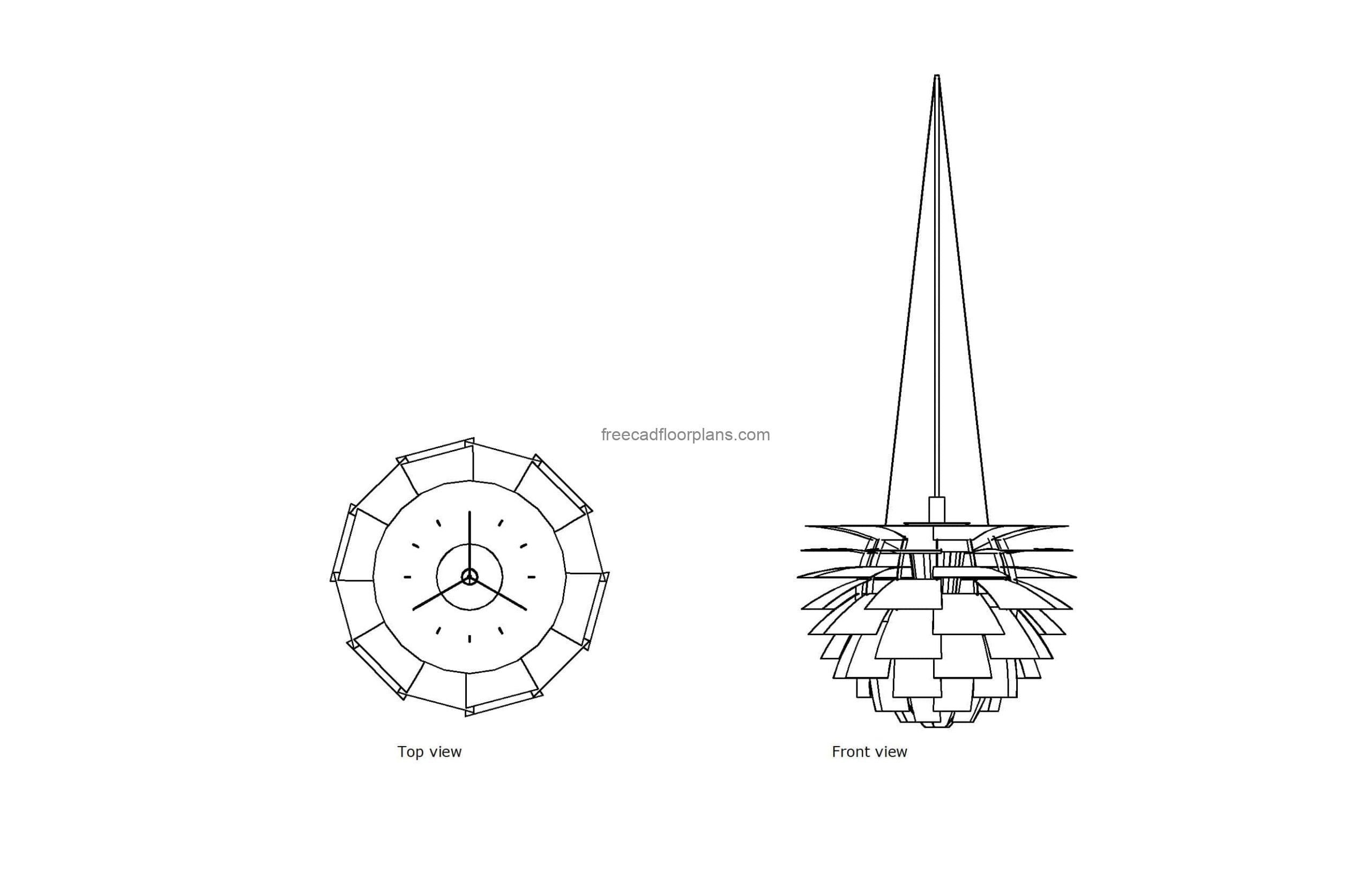 autocad drawing of an artichoke light, plan and elevation dwg file for free download