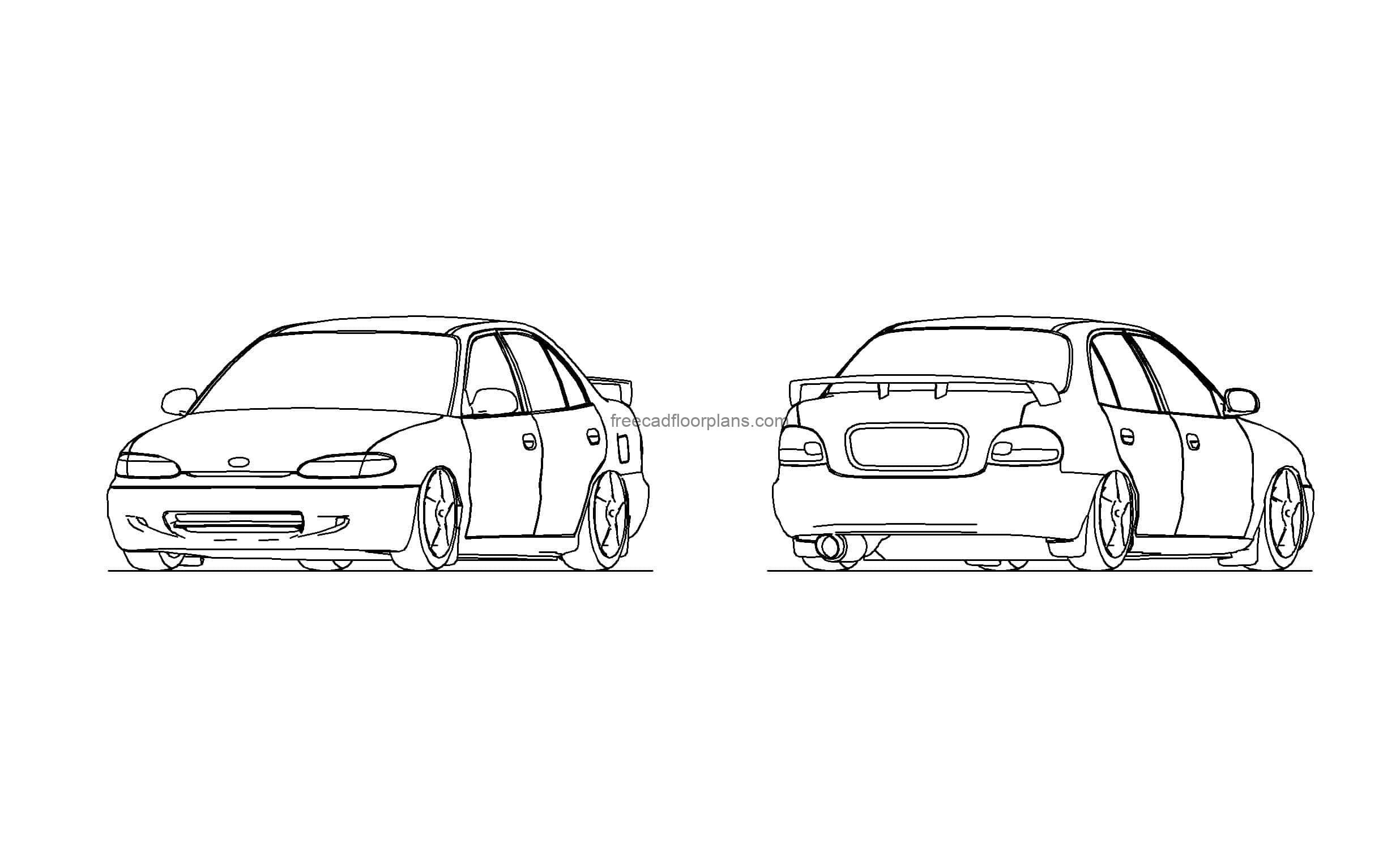 autocad drawing of a angled car back and front views, dwg file free for download