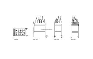 autcad drawing of a bar cart, all 2d views, plan, side, back and front views, dwg file free for download