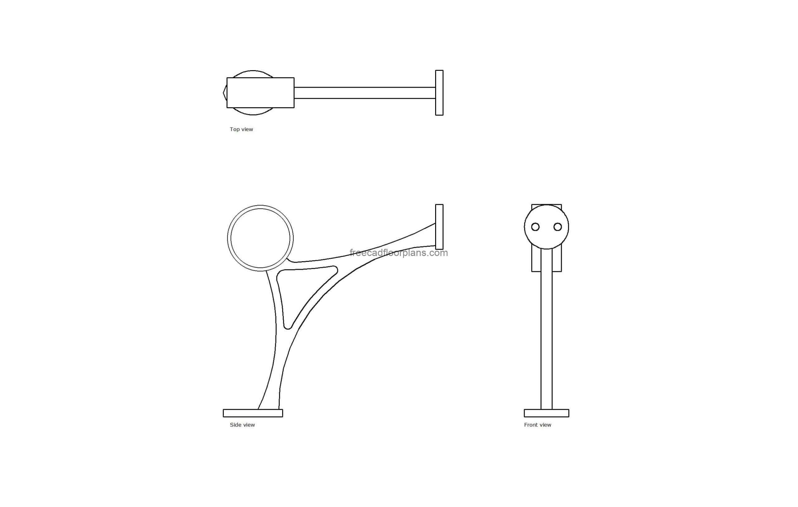 autocad drawing of a bar foot rail bracket, plan and elevation 2d views, dwg file free for download