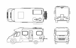 autocad drawing of a camping car, plan and elevation 2d views, dwg file free for download