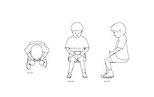 autocad drawing of a child sitting playing video games, plan and elevation 2d views, dwg file free for download
