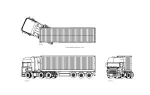 autocad drawing of a container truck, plan and elevation 2d views, dwg file free for download