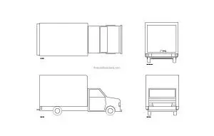 autocad drawing of a delivery truck, plan and elevation 2d views, dwg file free for download
