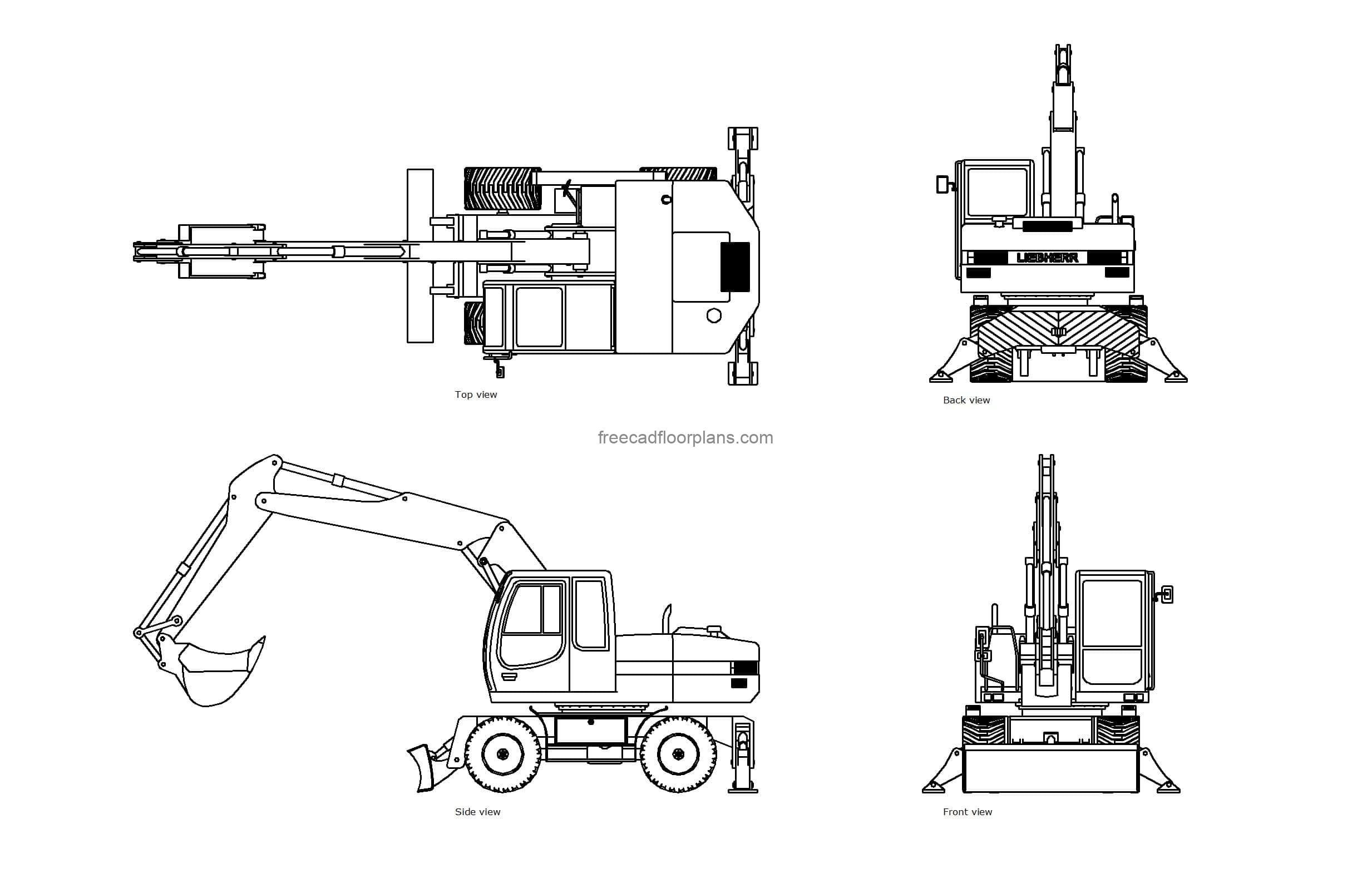 autocad drawing of a digger machine, plan and elevation 2d views, dwg file free for download